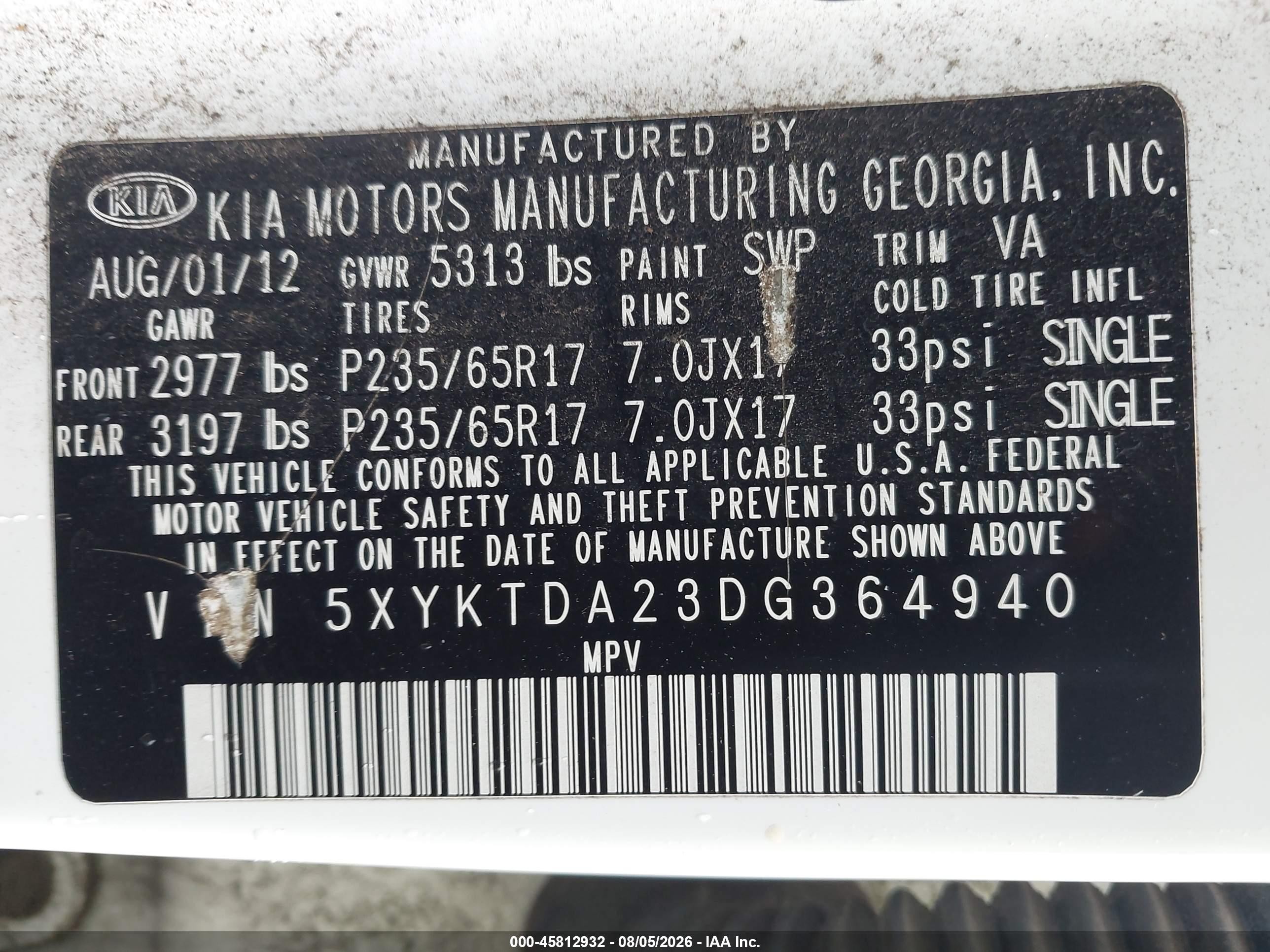 2013 Kia Sorento Lx V6 White vin: 5XYKTDA23DG364940