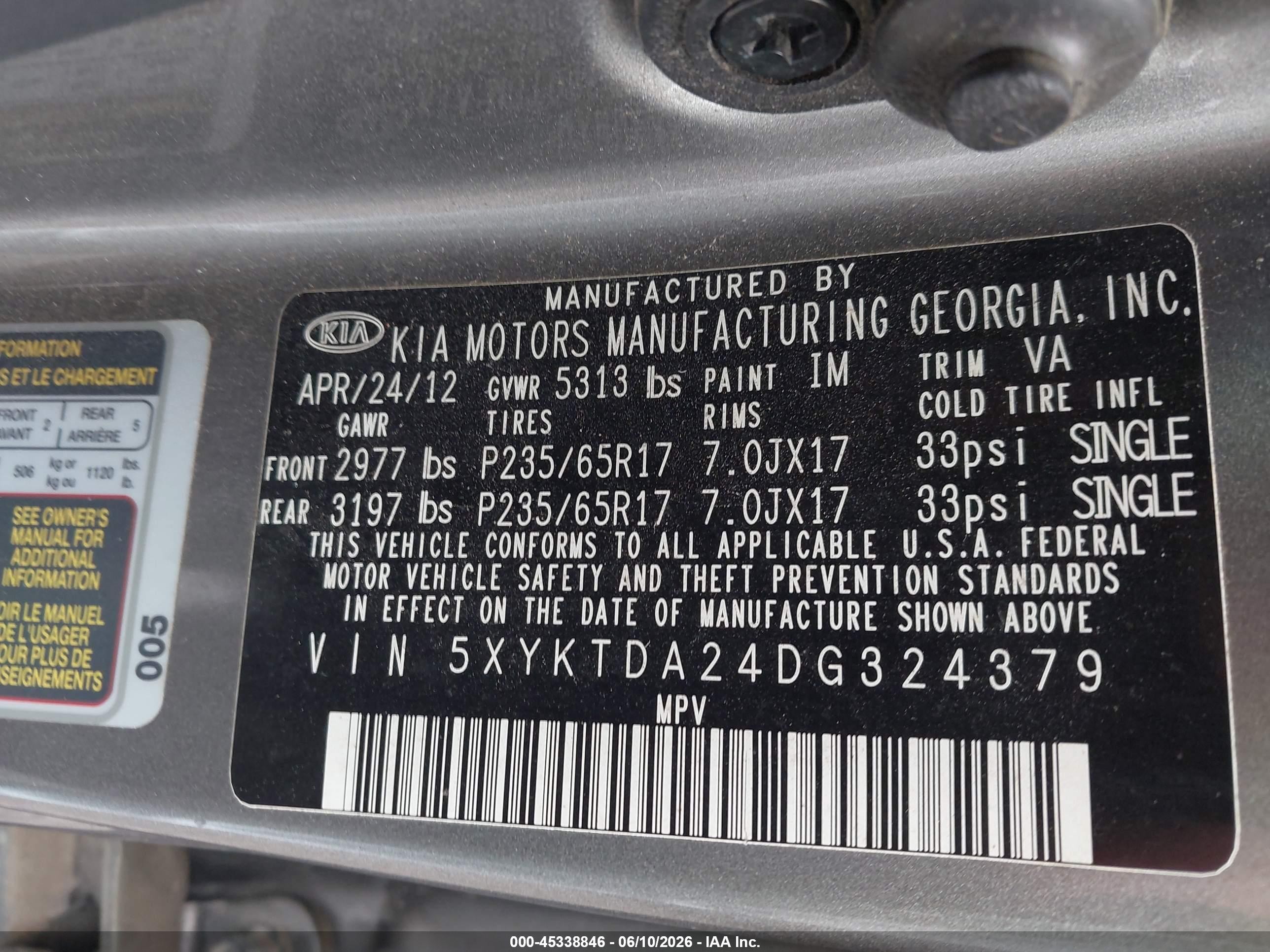 2013 Kia Sorento Lx V6 Gray vin: 5XYKTDA24DG324379