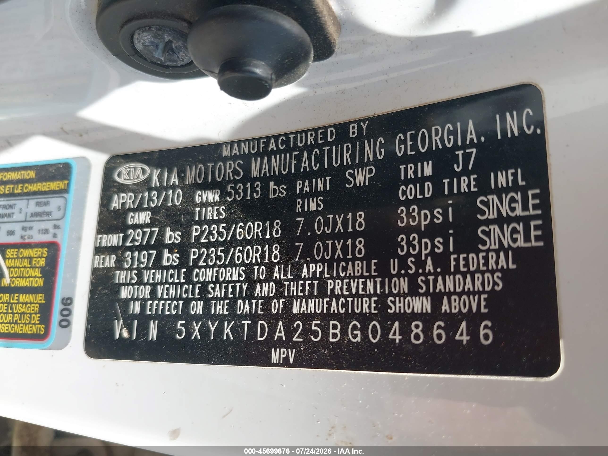 2011 Kia Sorento Lx V6 White vin: 5XYKTDA25BG048646
