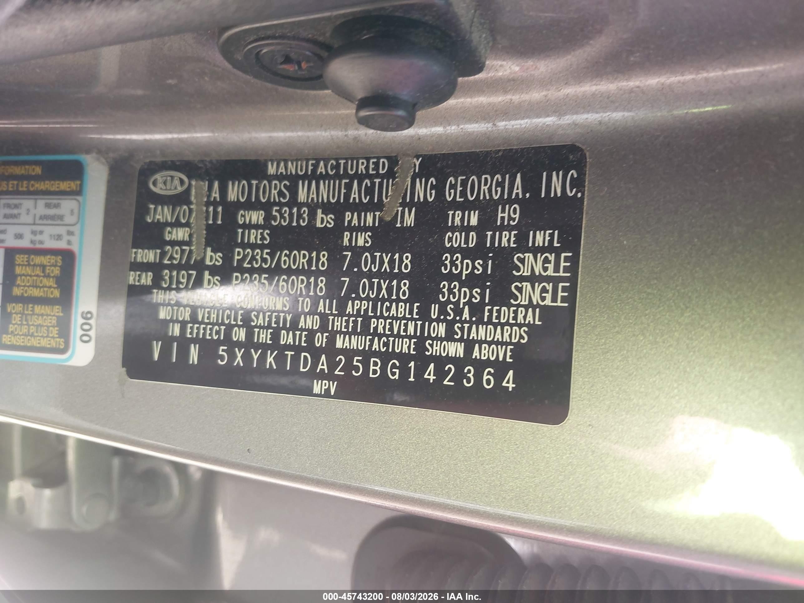 2011 Kia Sorento Lx V6 Gray vin: 5XYKTDA25BG142364