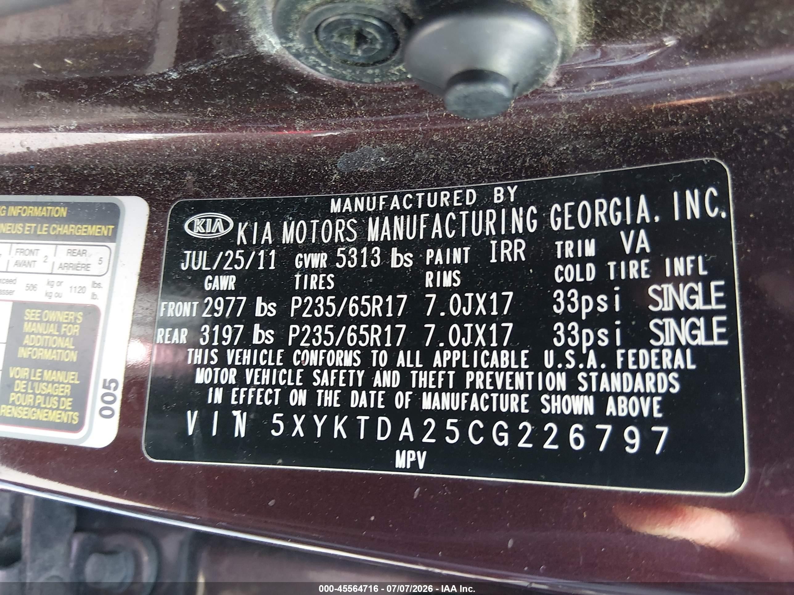 2012 Kia Sorento Lx V6 Purple vin: 5XYKTDA25CG226797