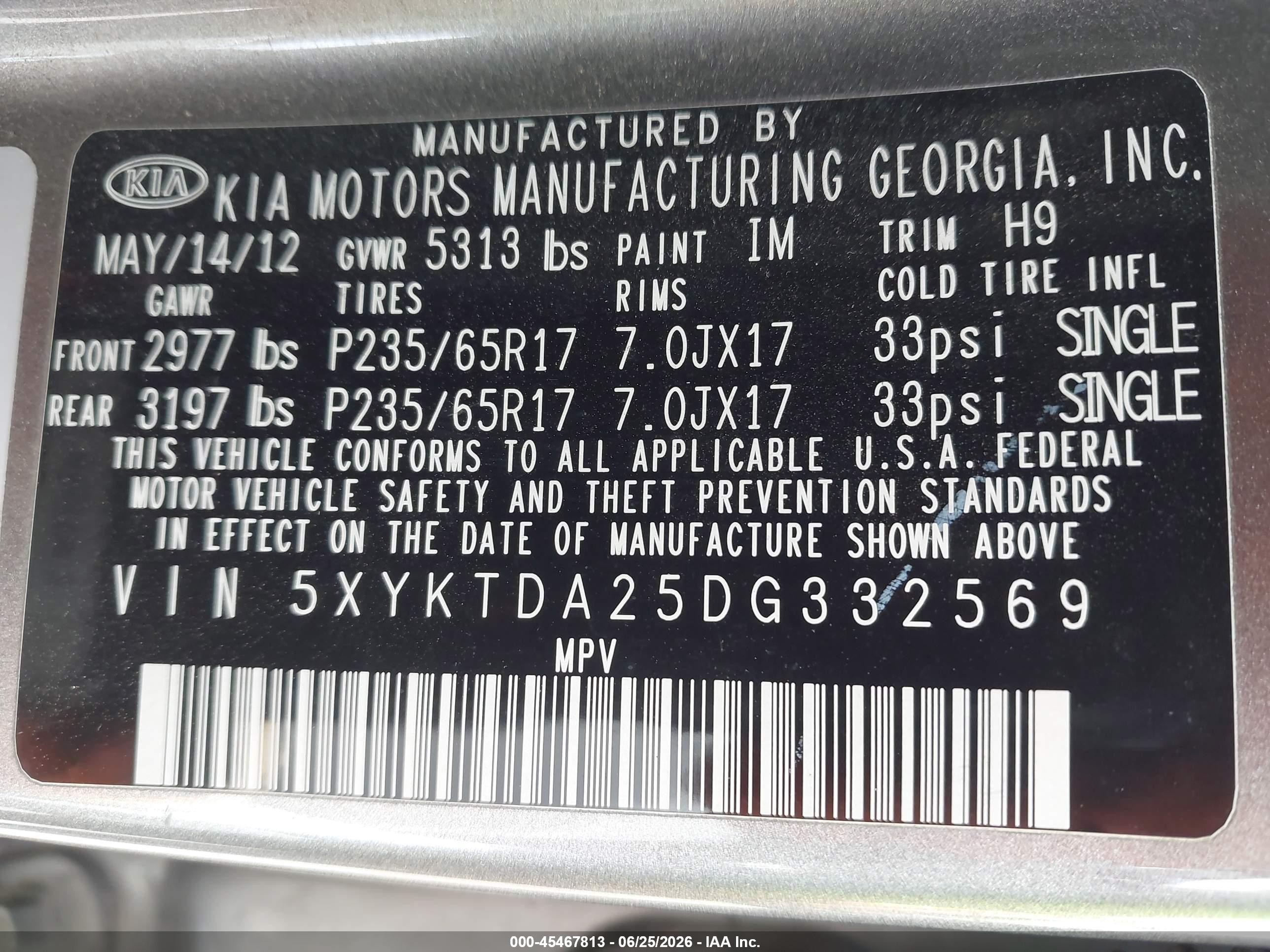 2013 Kia Sorento Lx V6 Gray vin: 5XYKTDA25DG332569