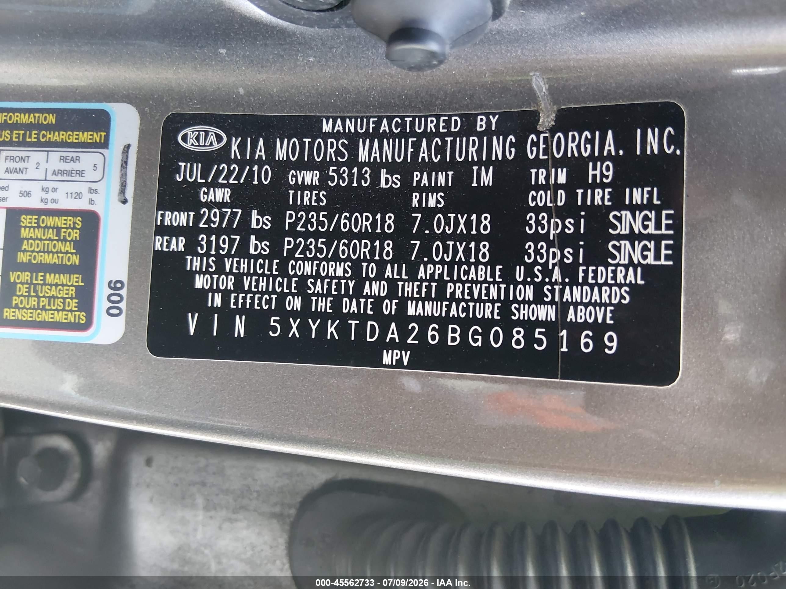 2011 Kia Sorento Lx V6 Серый vin: 5XYKTDA26BG085169