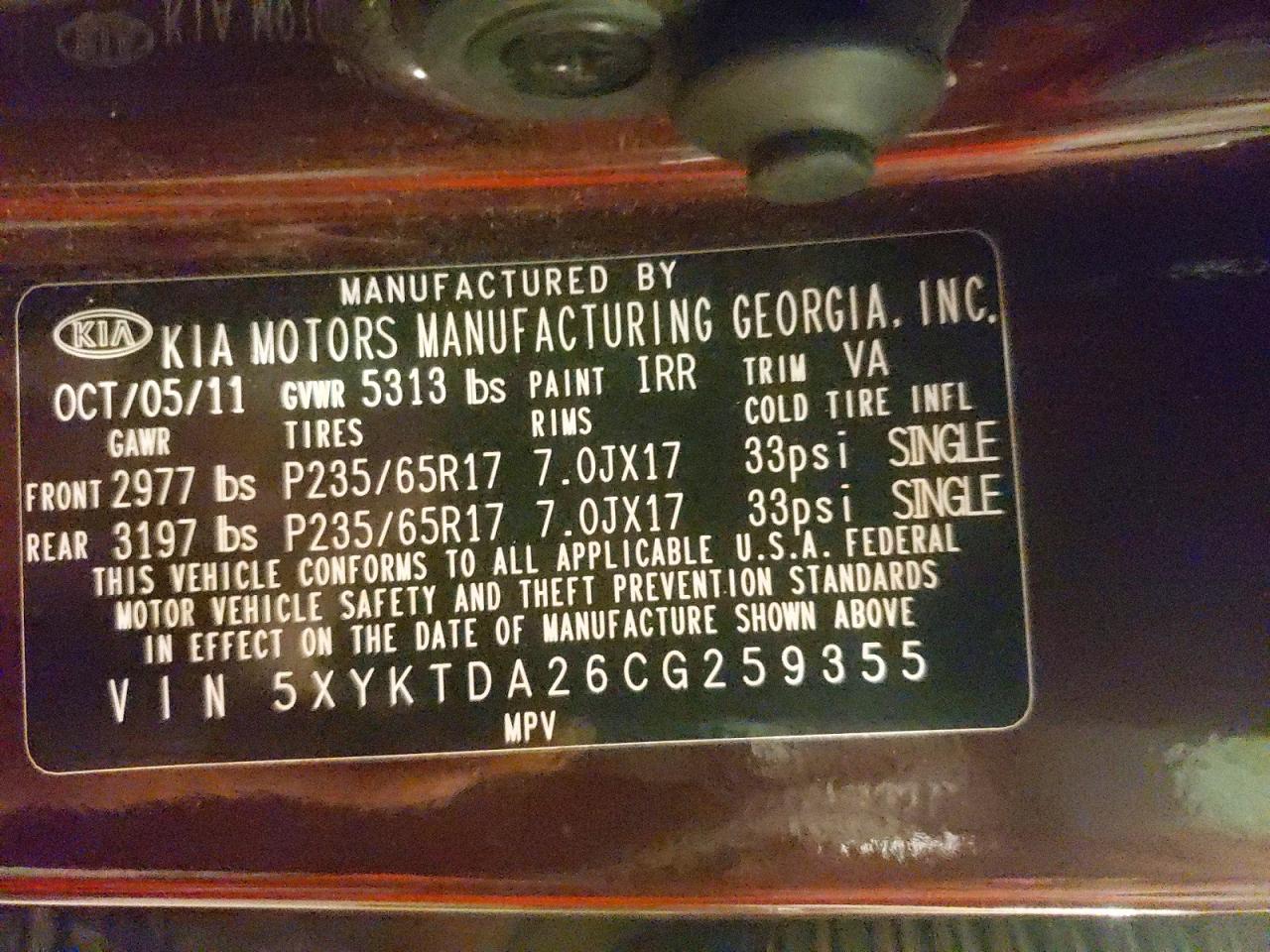 2012 Kia Sorento Lx Burgundy vin: 5XYKTDA26CG259355