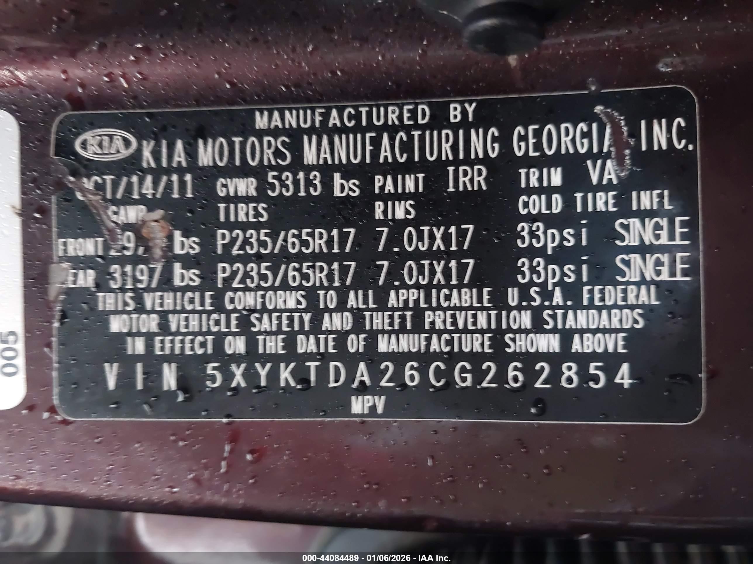 2012 Kia Sorento Lx V6 Burgundy vin: 5XYKTDA26CG262854