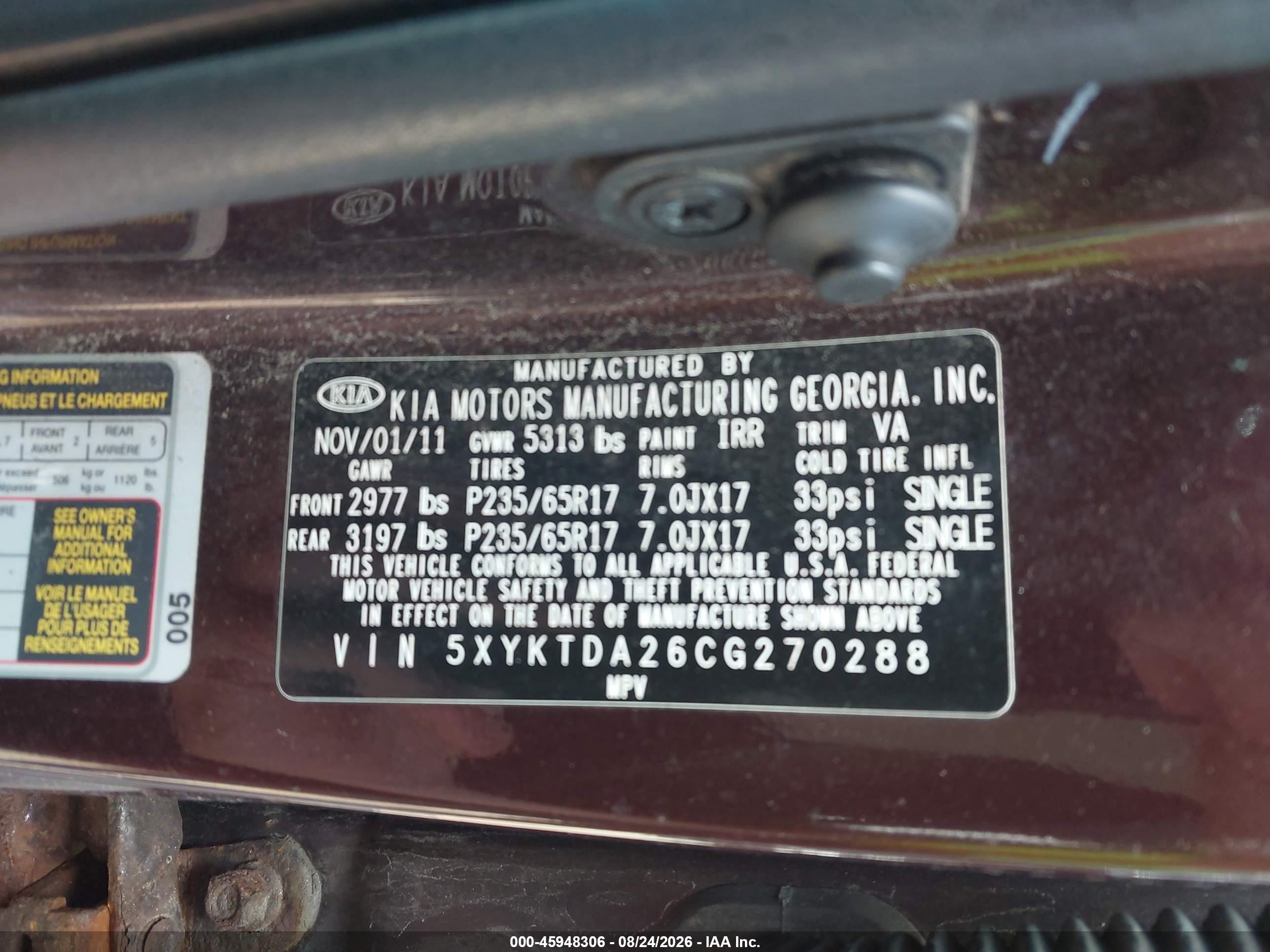 2012 Kia Sorento Lx V6 Бордовый vin: 5XYKTDA26CG270288