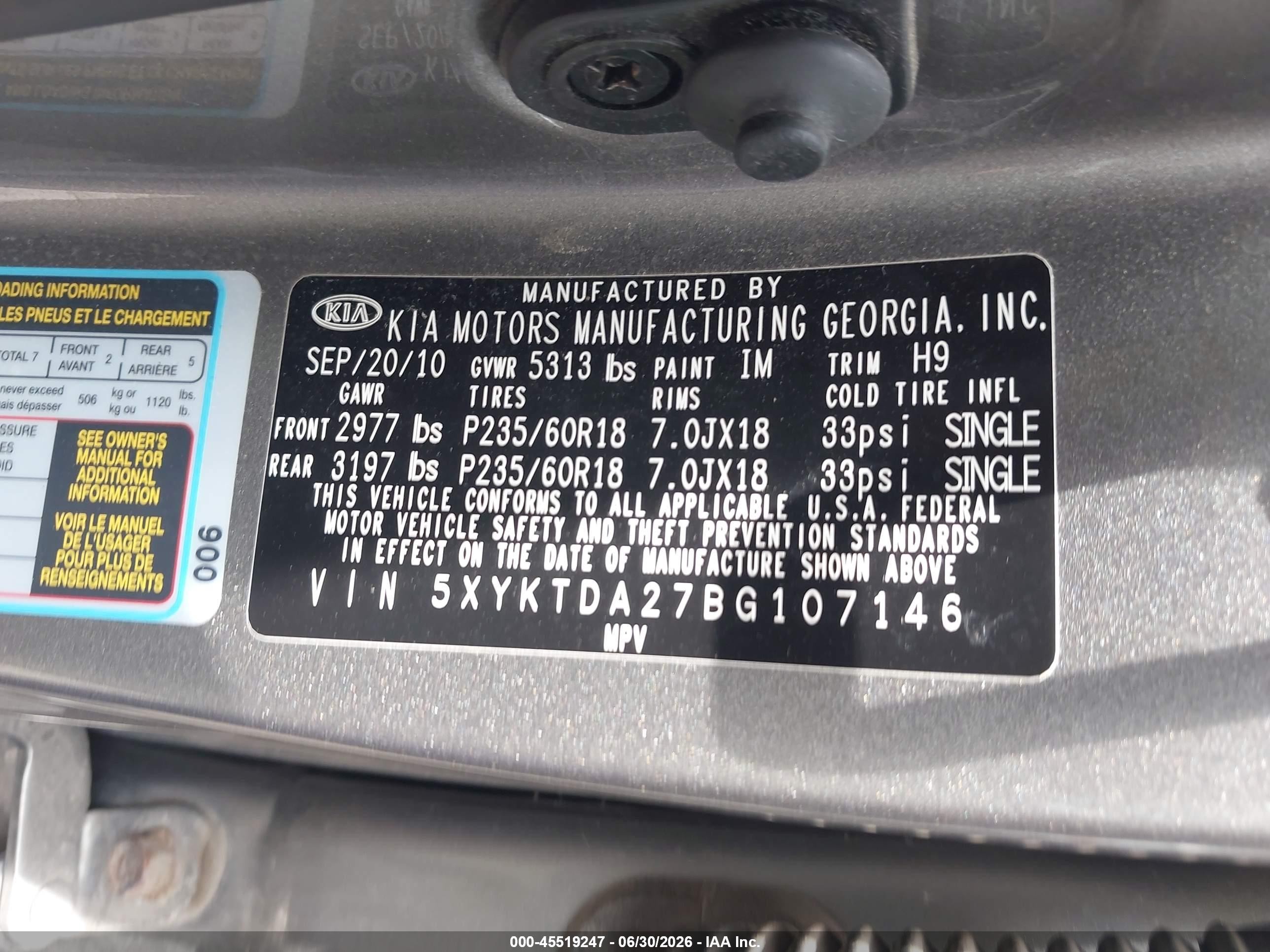 2011 Kia Sorento Lx V6 Green vin: 5XYKTDA27BG107146
