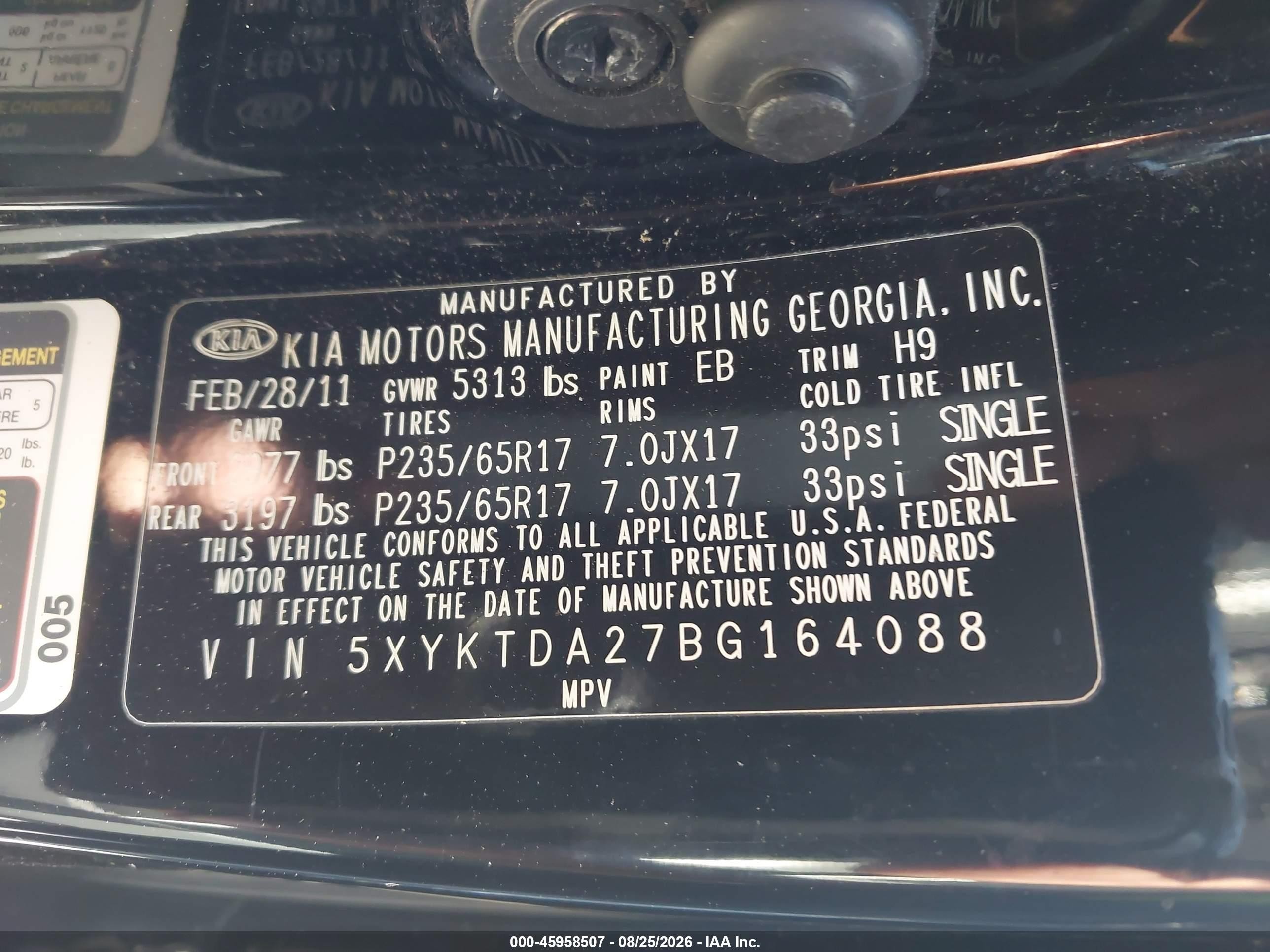 2011 Kia Sorento Lx V6 Черный vin: 5XYKTDA27BG164088