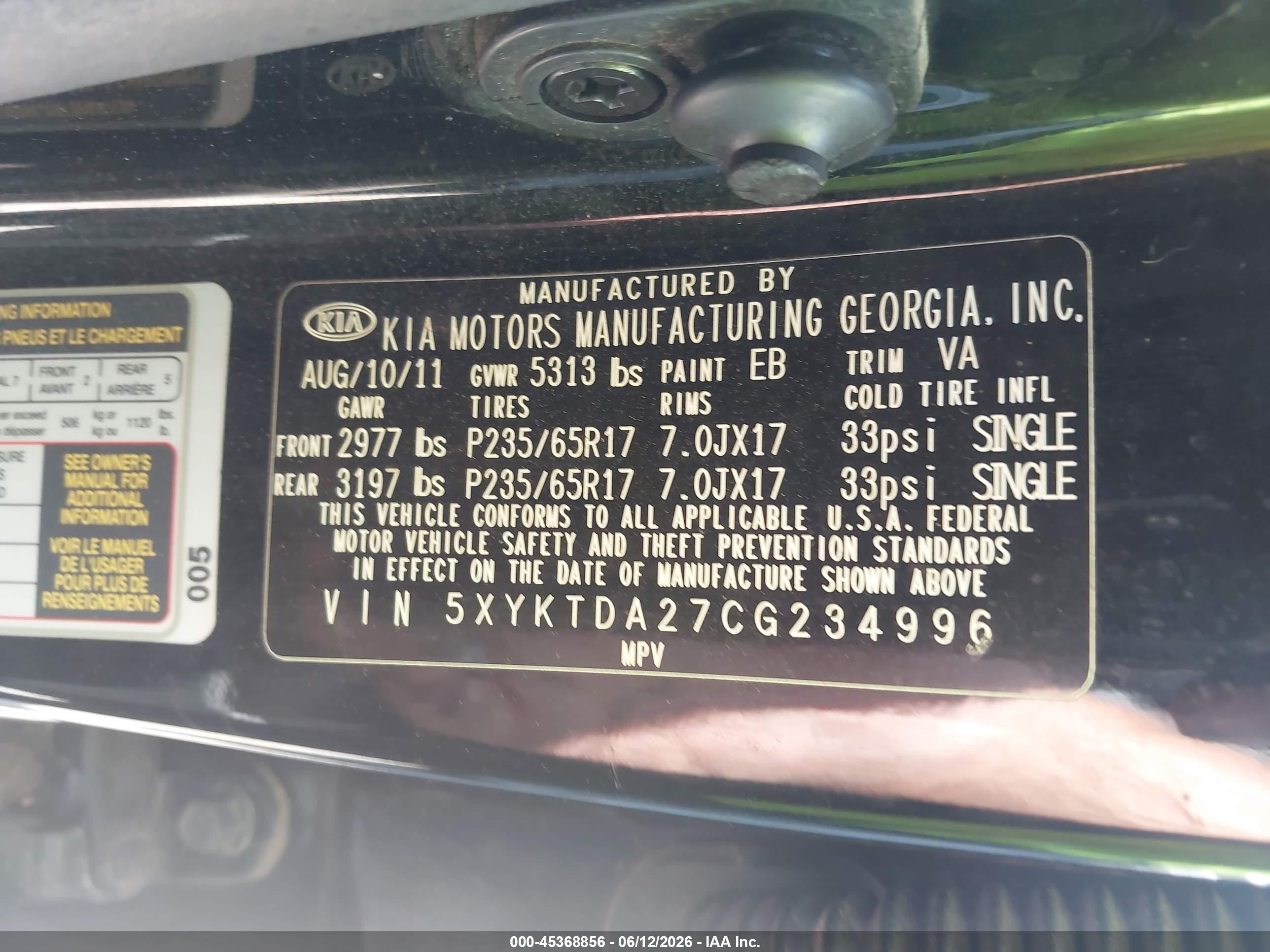2012 Kia Sorento Lx V6 Black vin: 5XYKTDA27CG234996