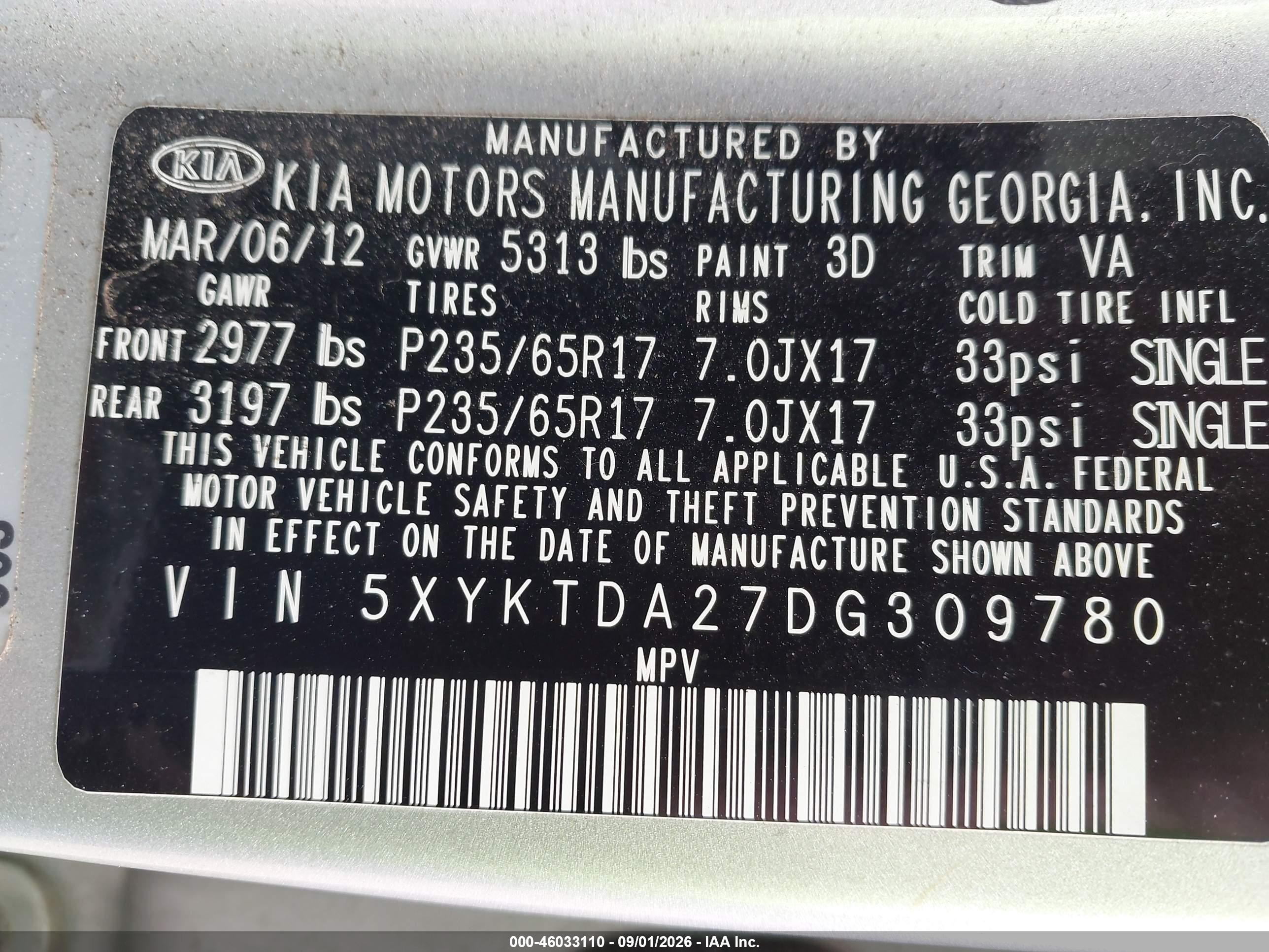2013 Kia Sorento Lx V6 Серебряный vin: 5XYKTDA27DG309780