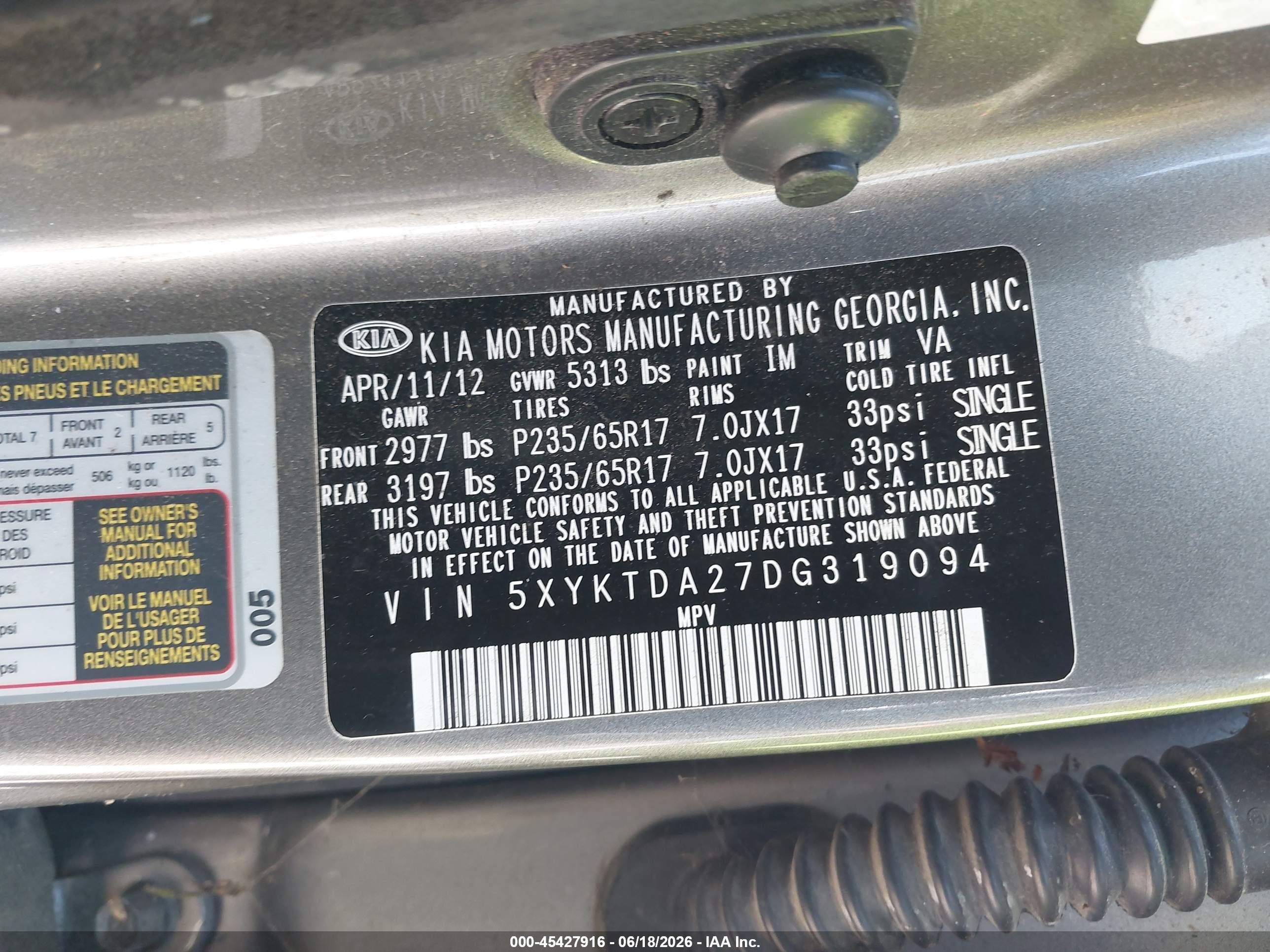 2013 Kia Sorento Lx V6 Gray vin: 5XYKTDA27DG319094