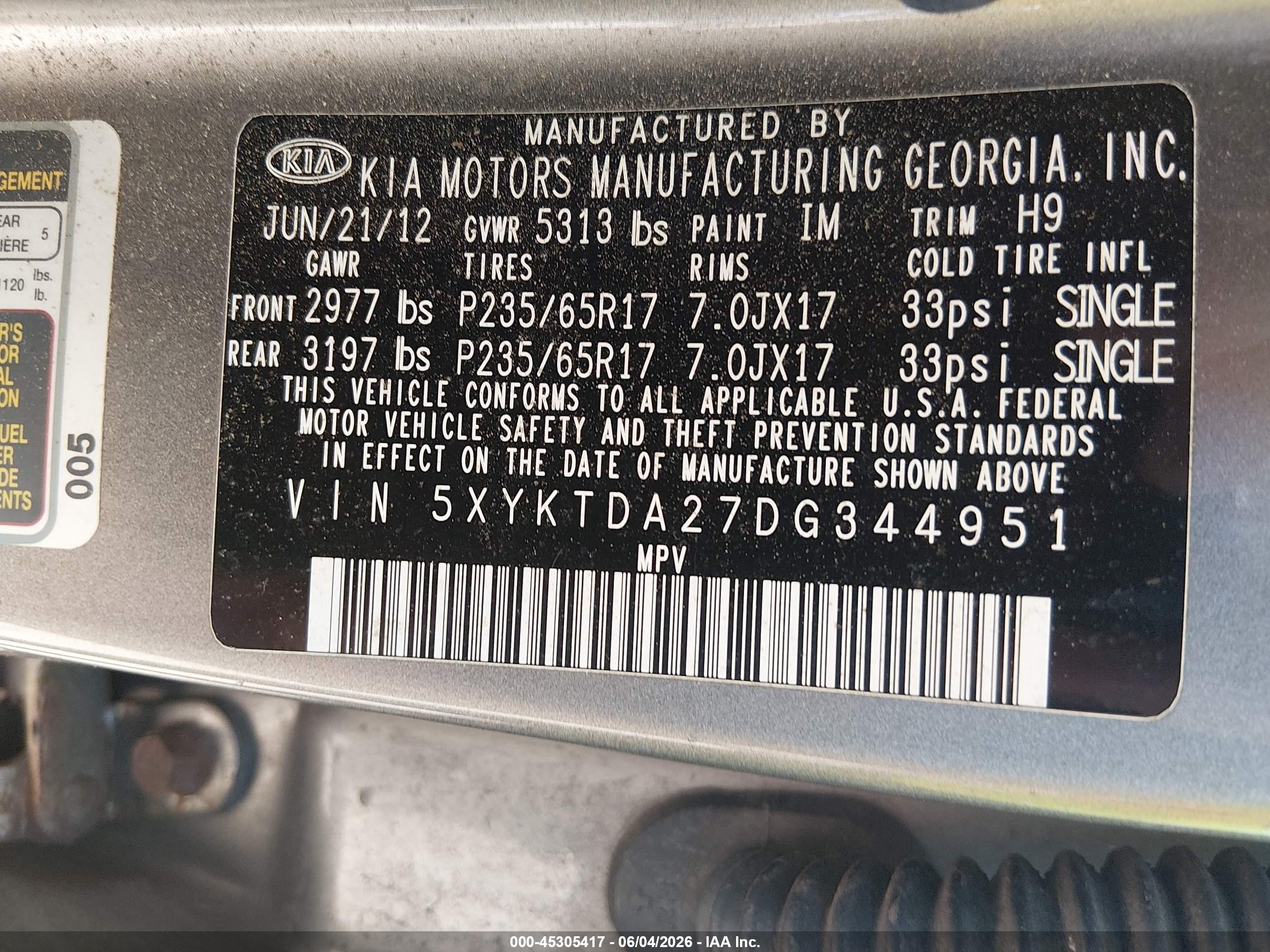 2013 Kia Sorento Lx V6 Gray vin: 5XYKTDA27DG344951