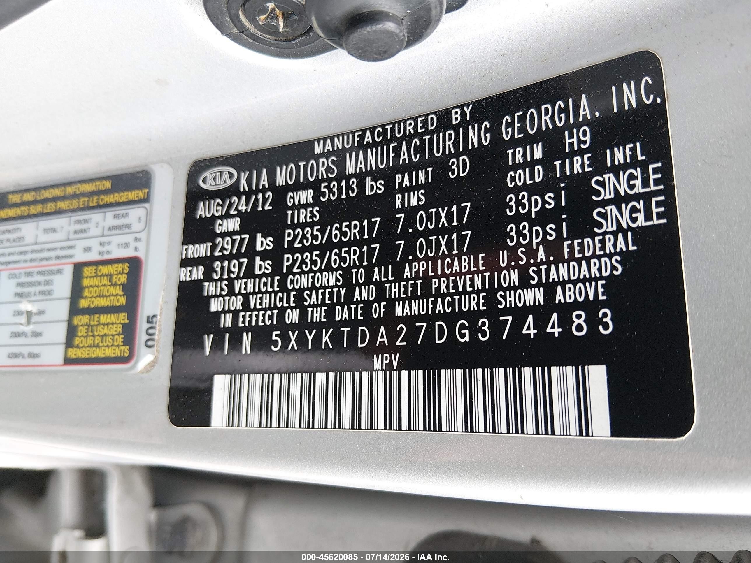 2013 Kia Sorento Lx V6 Silver vin: 5XYKTDA27DG374483