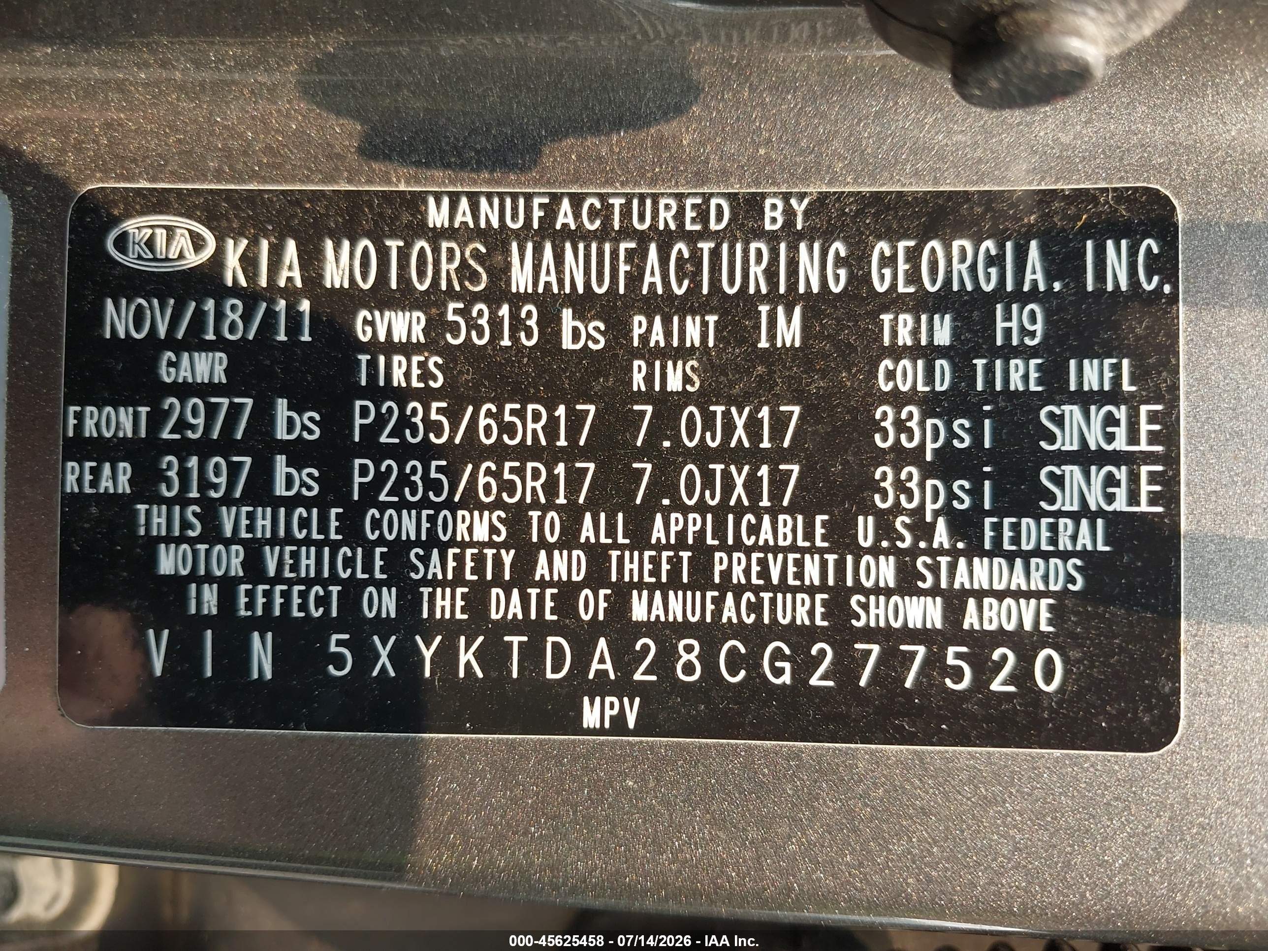 2012 Kia Sorento Lx V6 Серебряный vin: 5XYKTDA28CG277520