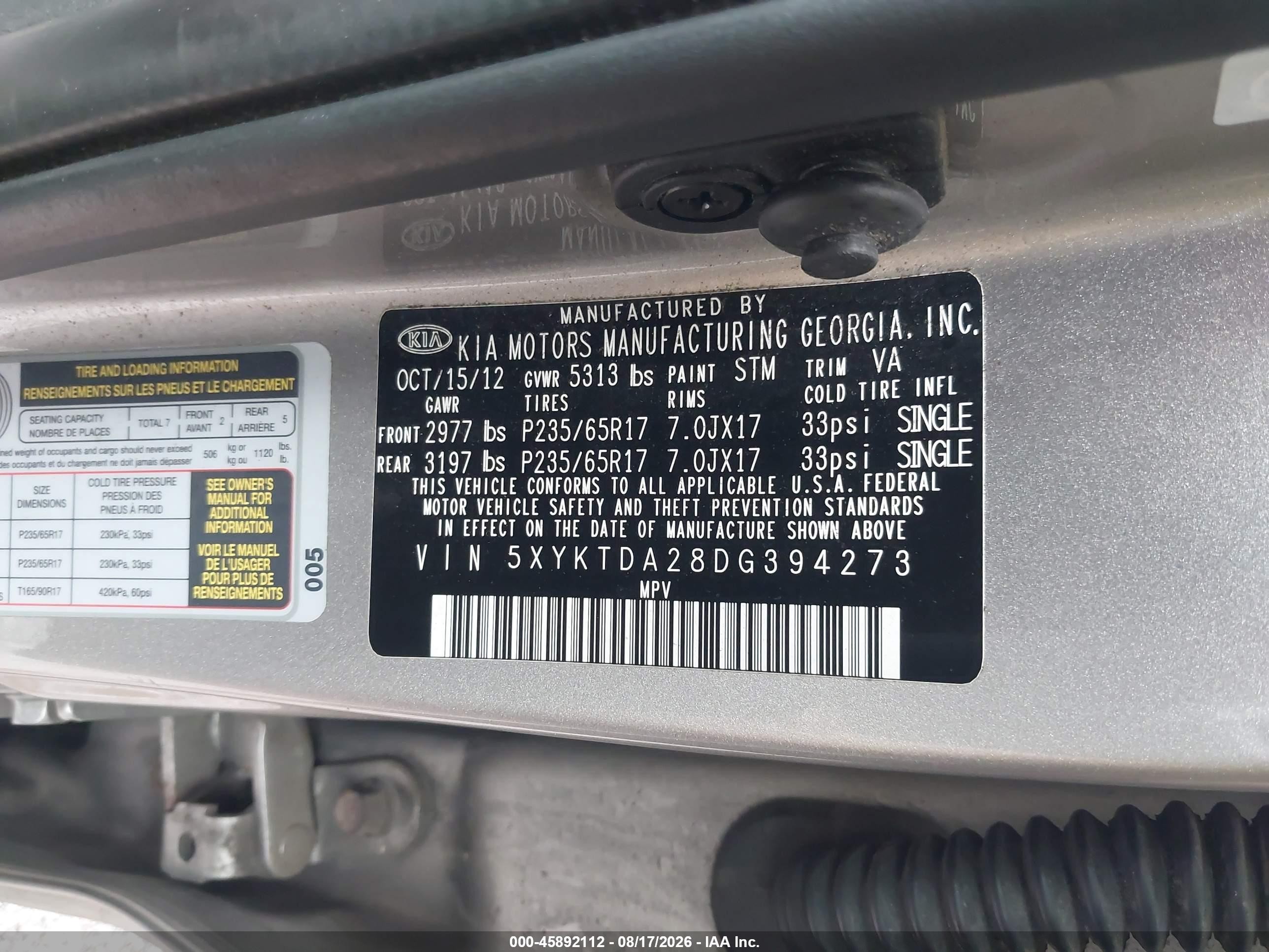 2013 Kia Sorento Lx V6 Silver vin: 5XYKTDA28DG394273