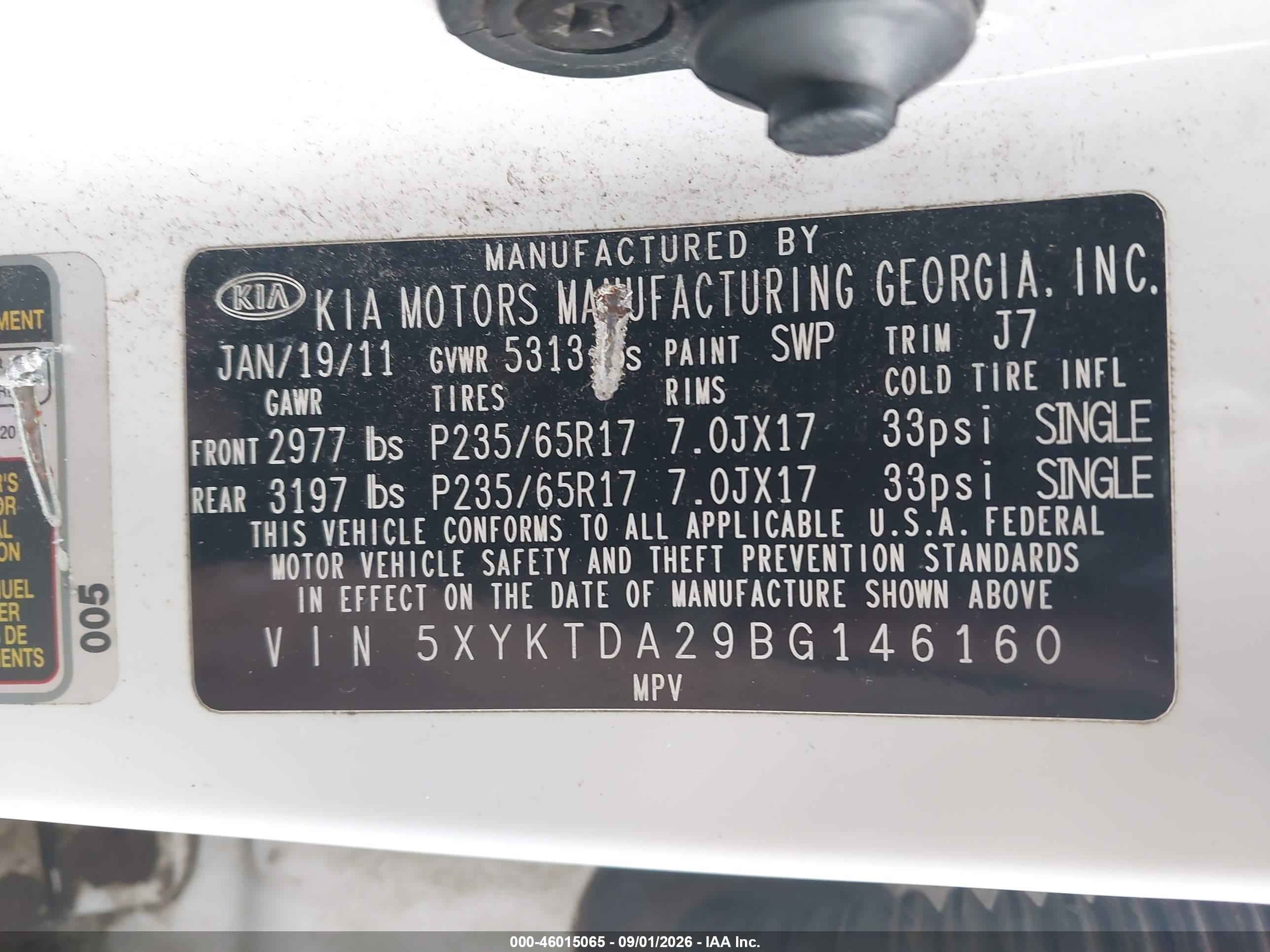 2011 Kia Sorento Lx V6 Белый vin: 5XYKTDA29BG146160