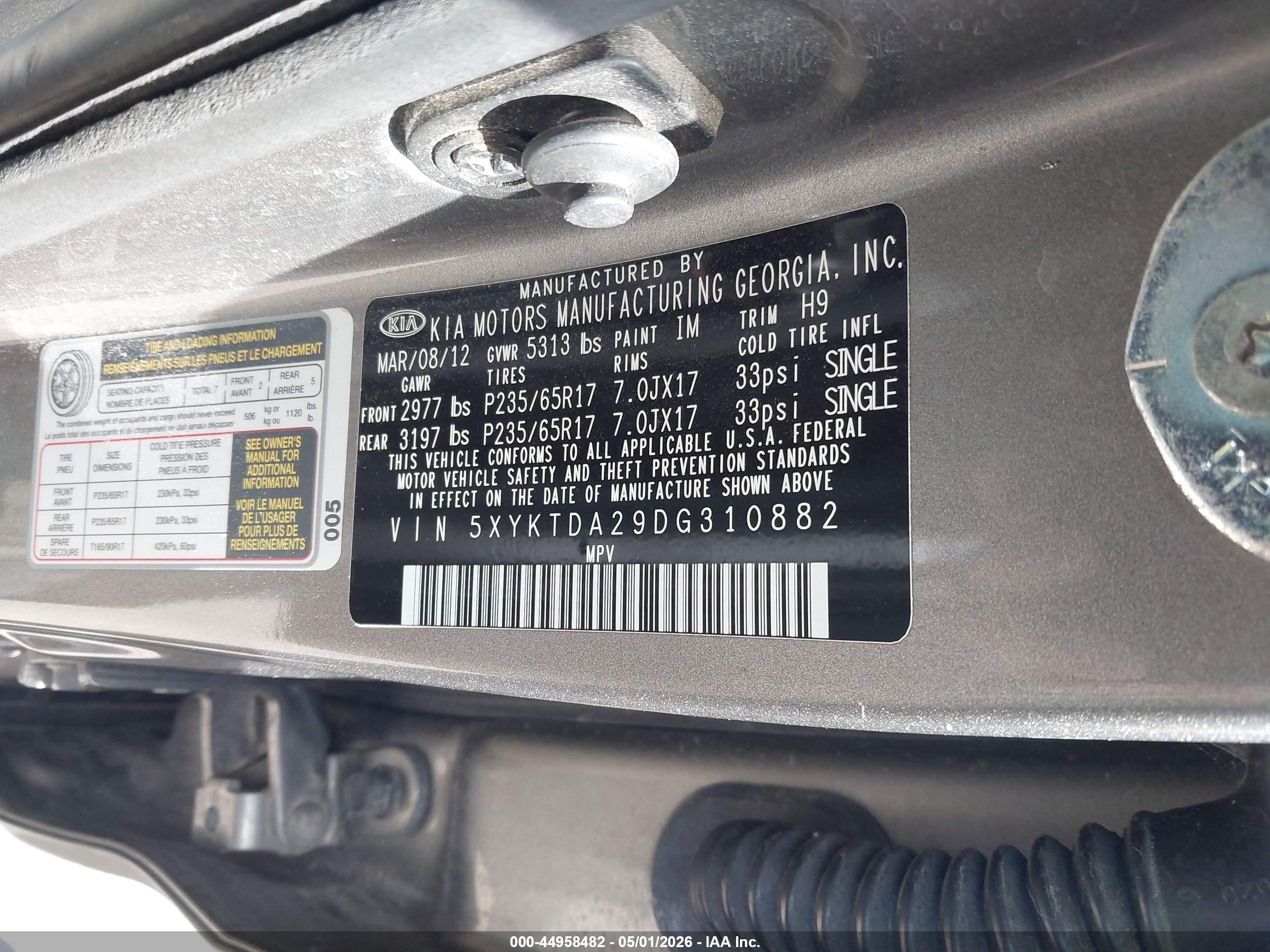 2013 Kia Sorento Lx V6 Gray vin: 5XYKTDA29DG310882