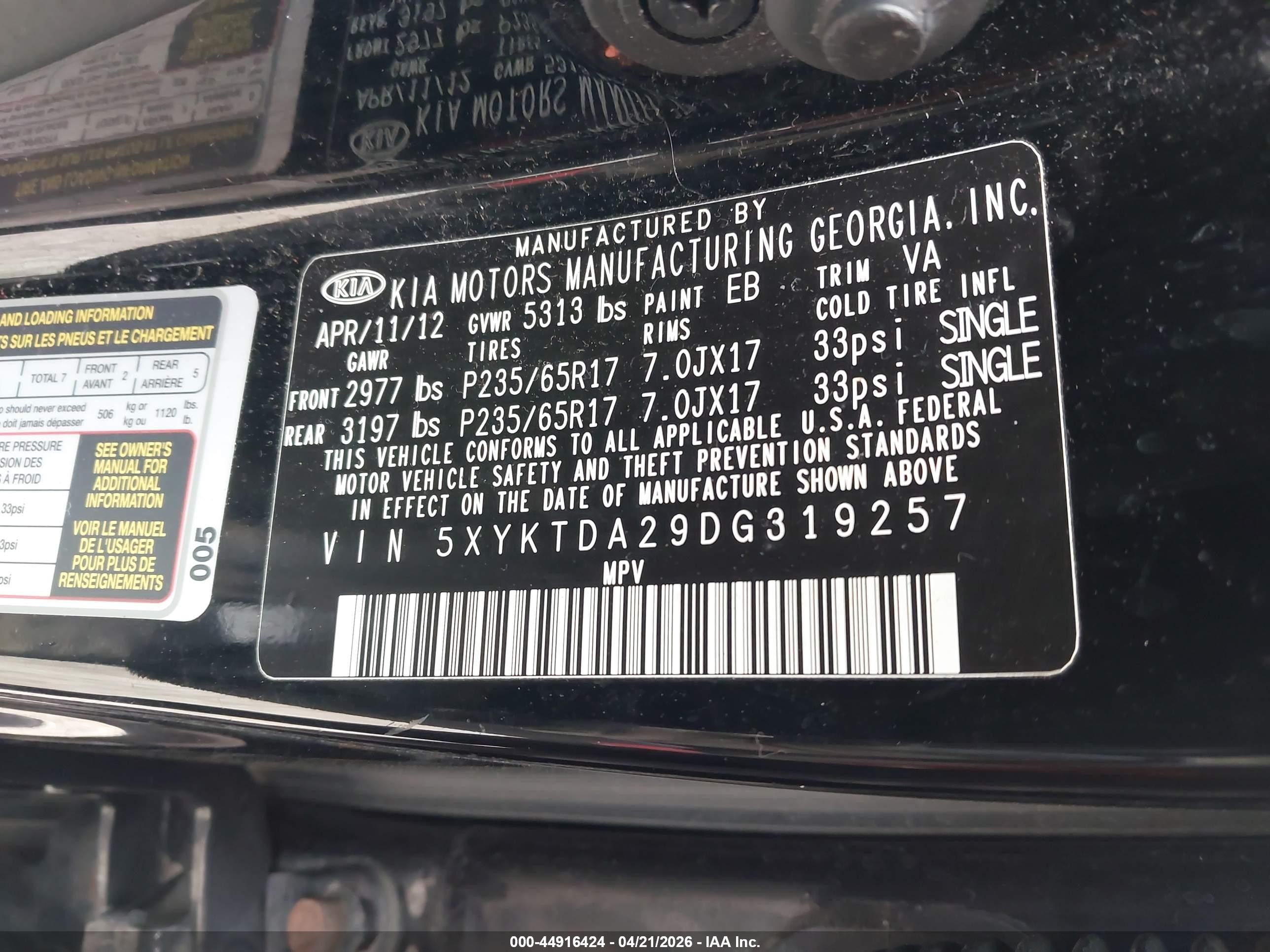 2013 Kia Sorento Lx V6 Black vin: 5XYKTDA29DG319257