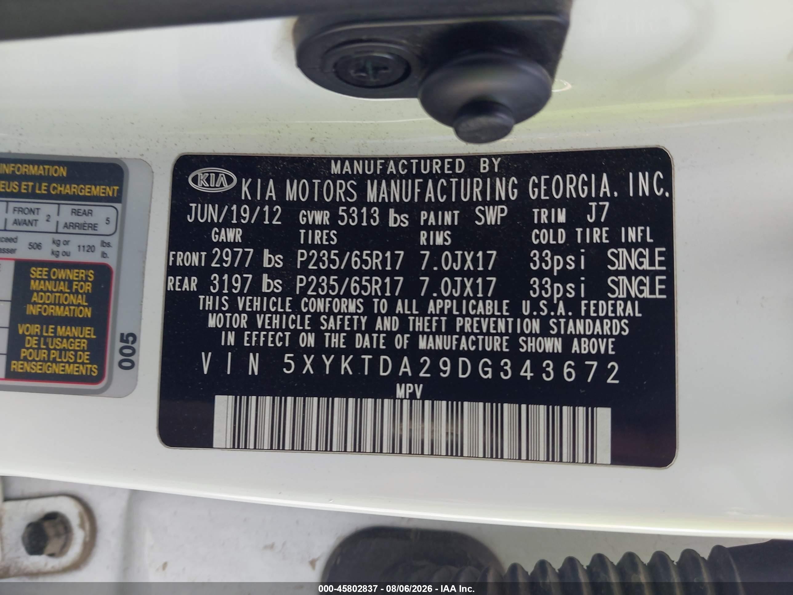 2013 Kia Sorento Lx V6 White vin: 5XYKTDA29DG343672