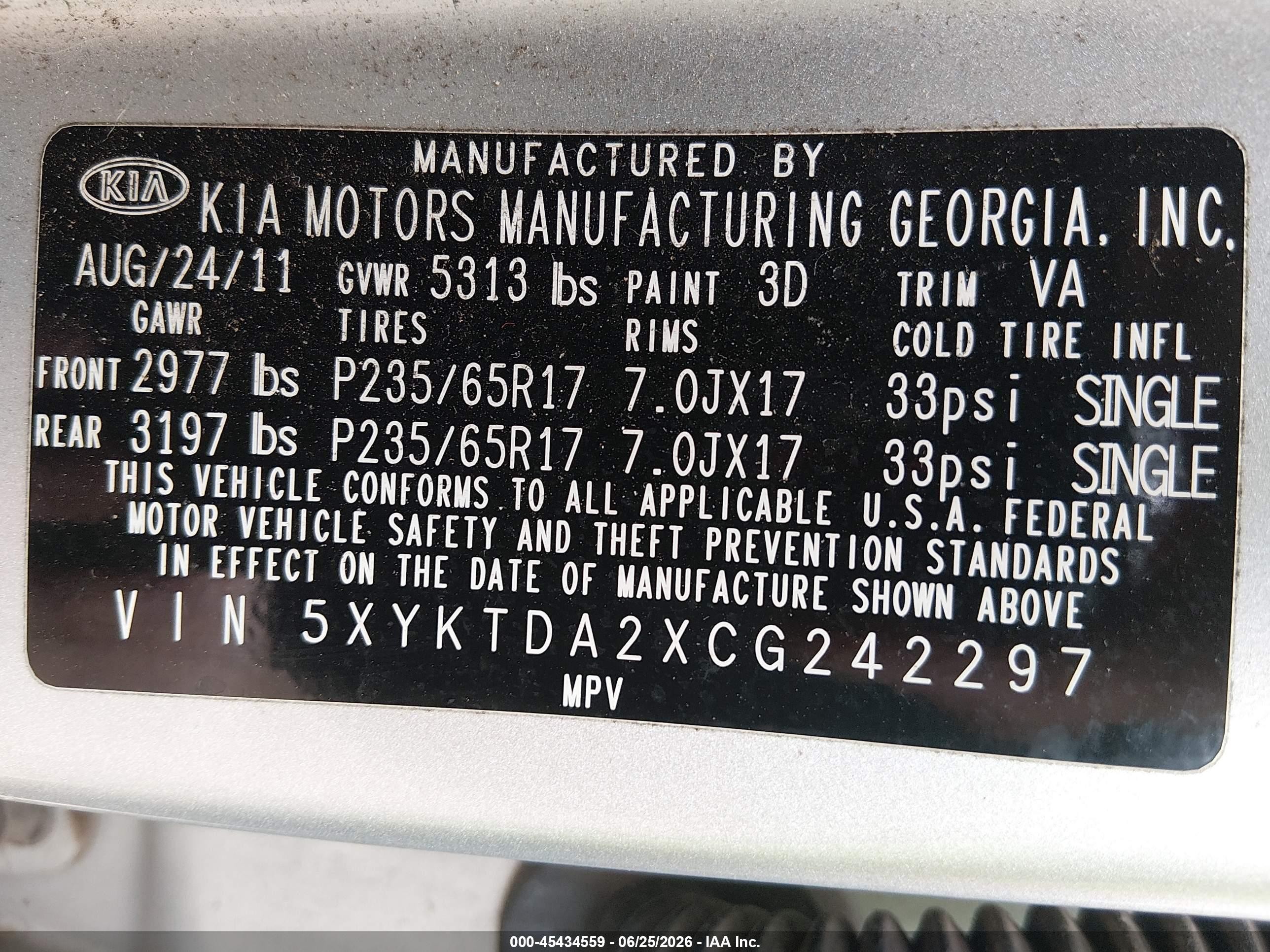 2012 Kia Sorento Lx V6 Silver vin: 5XYKTDA2XCG242297