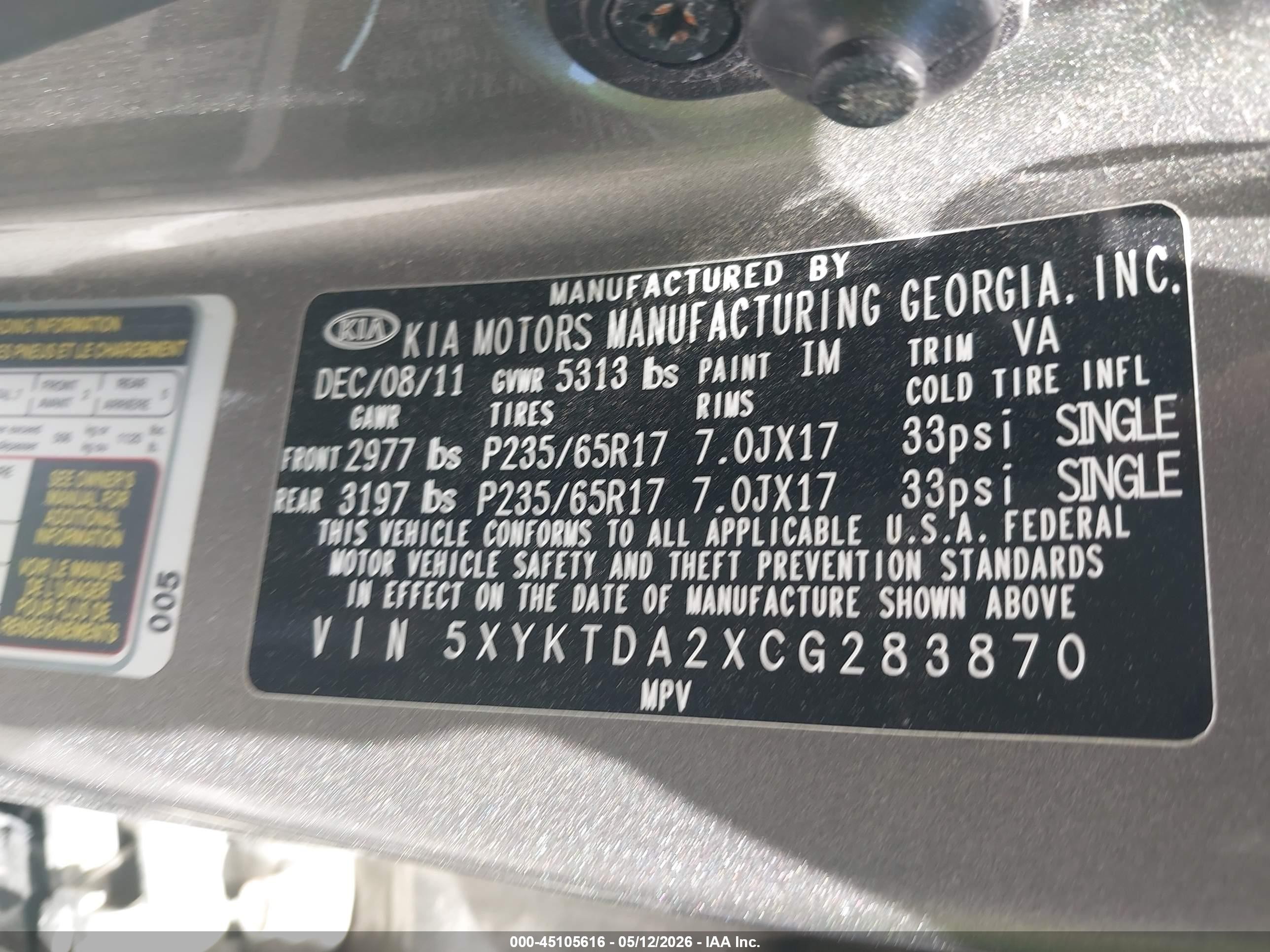 2012 Kia Sorento Lx V6 Gray vin: 5XYKTDA2XCG283870