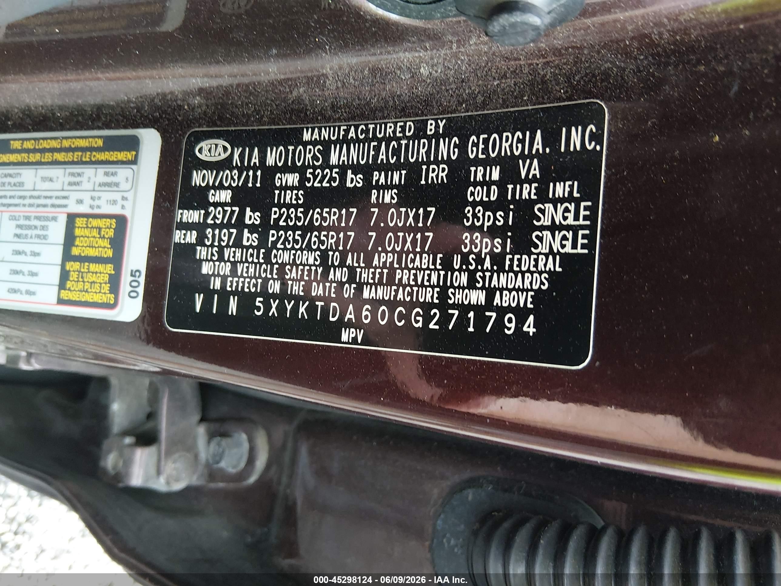 2012 Kia Sorento Lx Burgundy vin: 5XYKTDA60CG271794