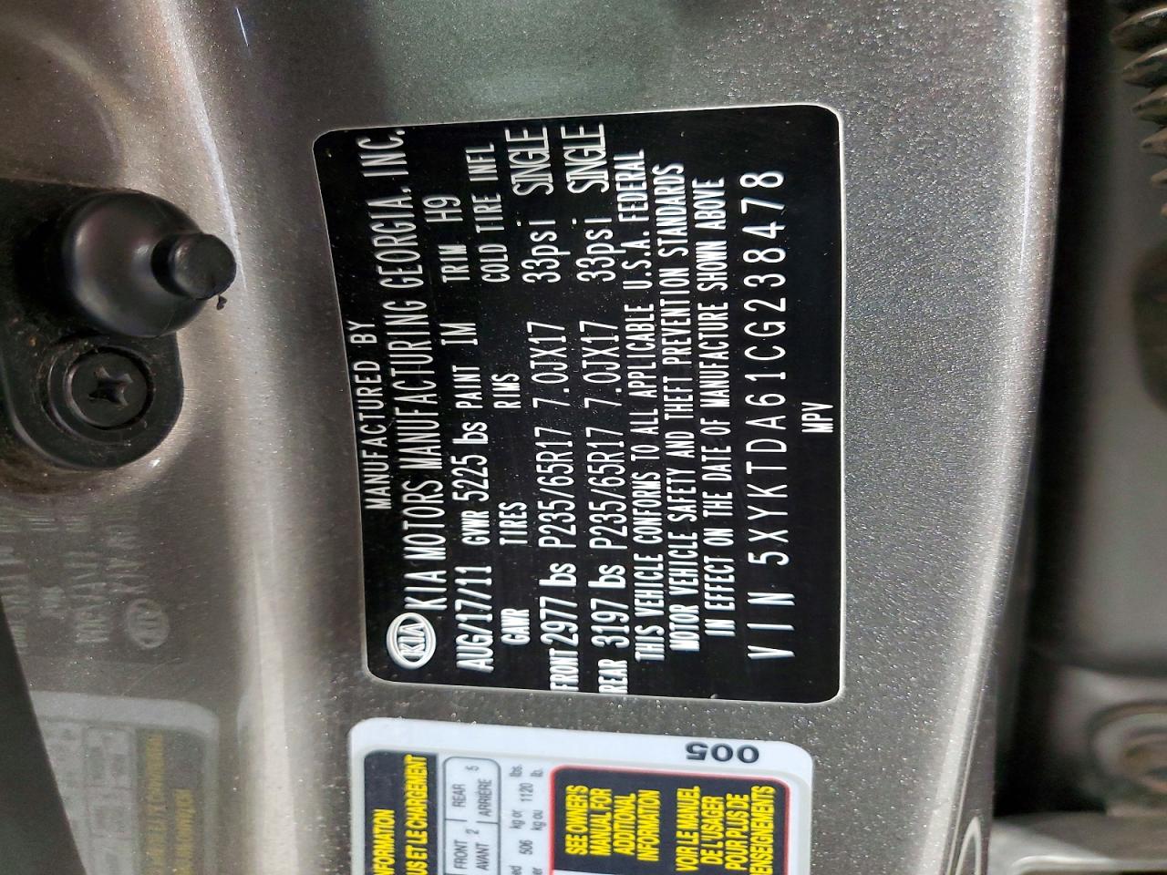 2012 Kia Sorento Lx Gray vin: 5XYKTDA61CG238478