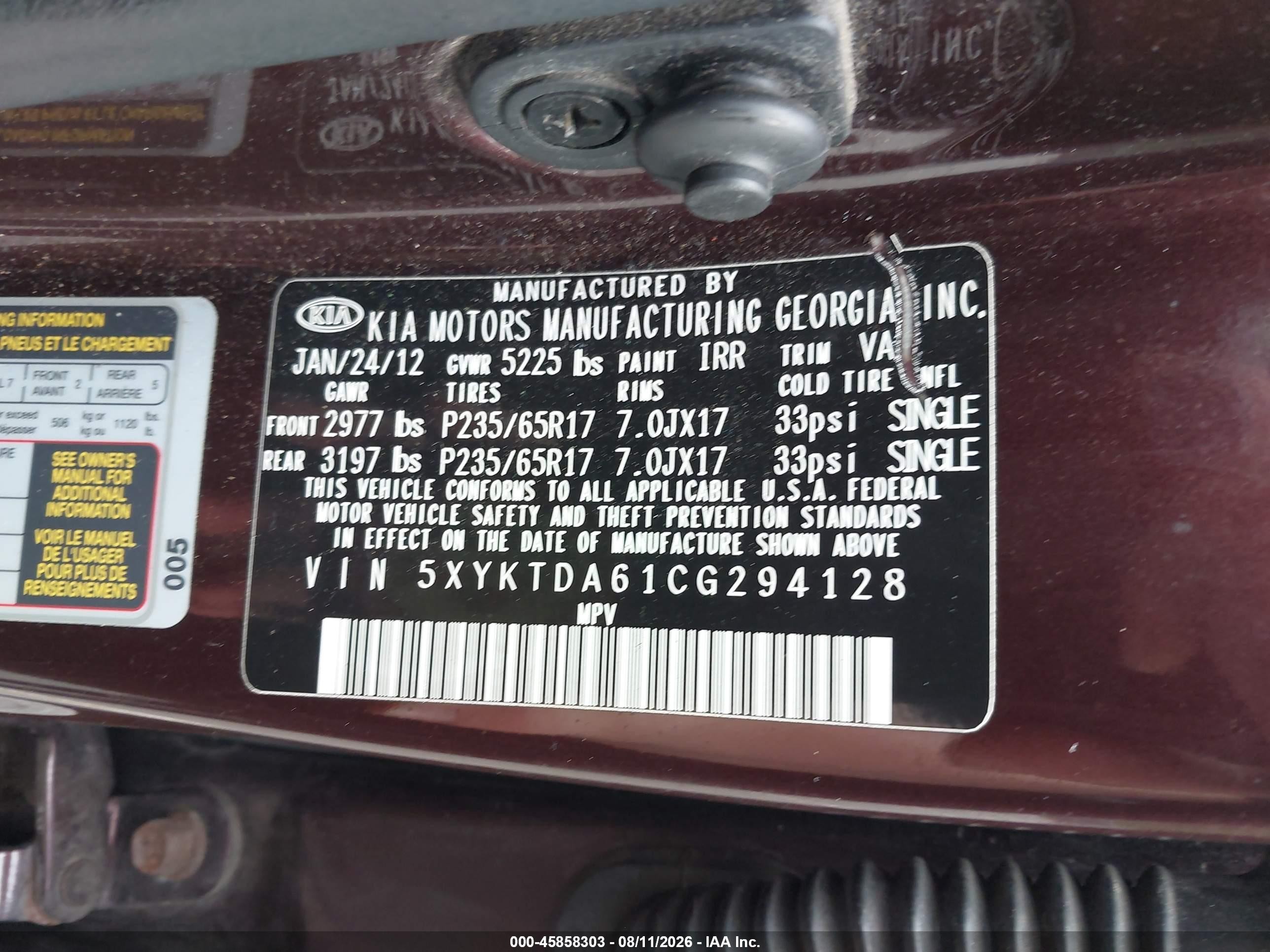 2012 Kia Sorento Lx Burgundy vin: 5XYKTDA61CG294128