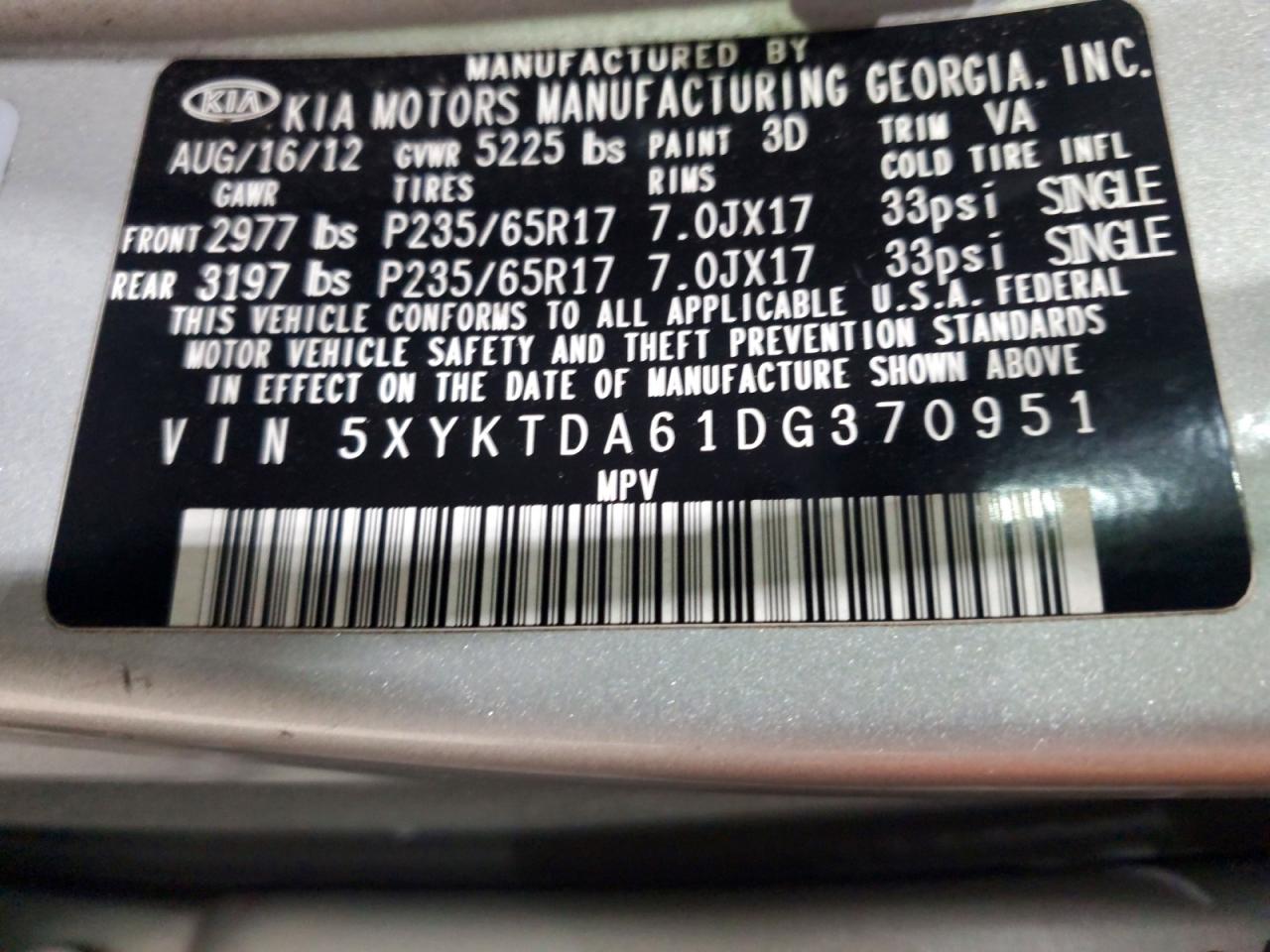 2013 Kia Sorento Lx Silver vin: 5XYKTDA61DG370951