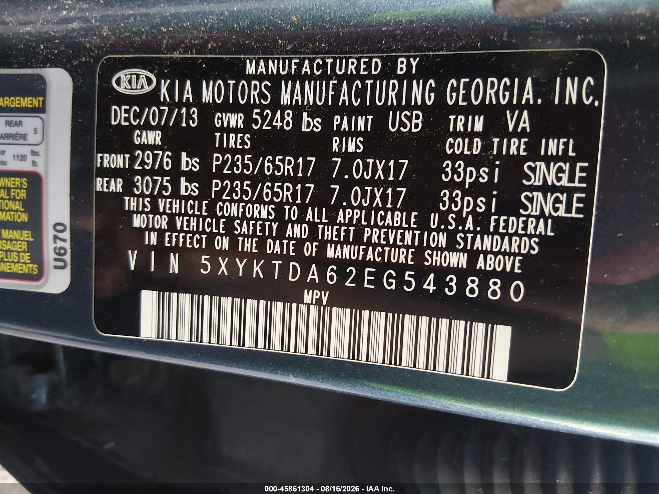 2014 Kia Sorento Lx Navy vin: 5XYKTDA62EG543880