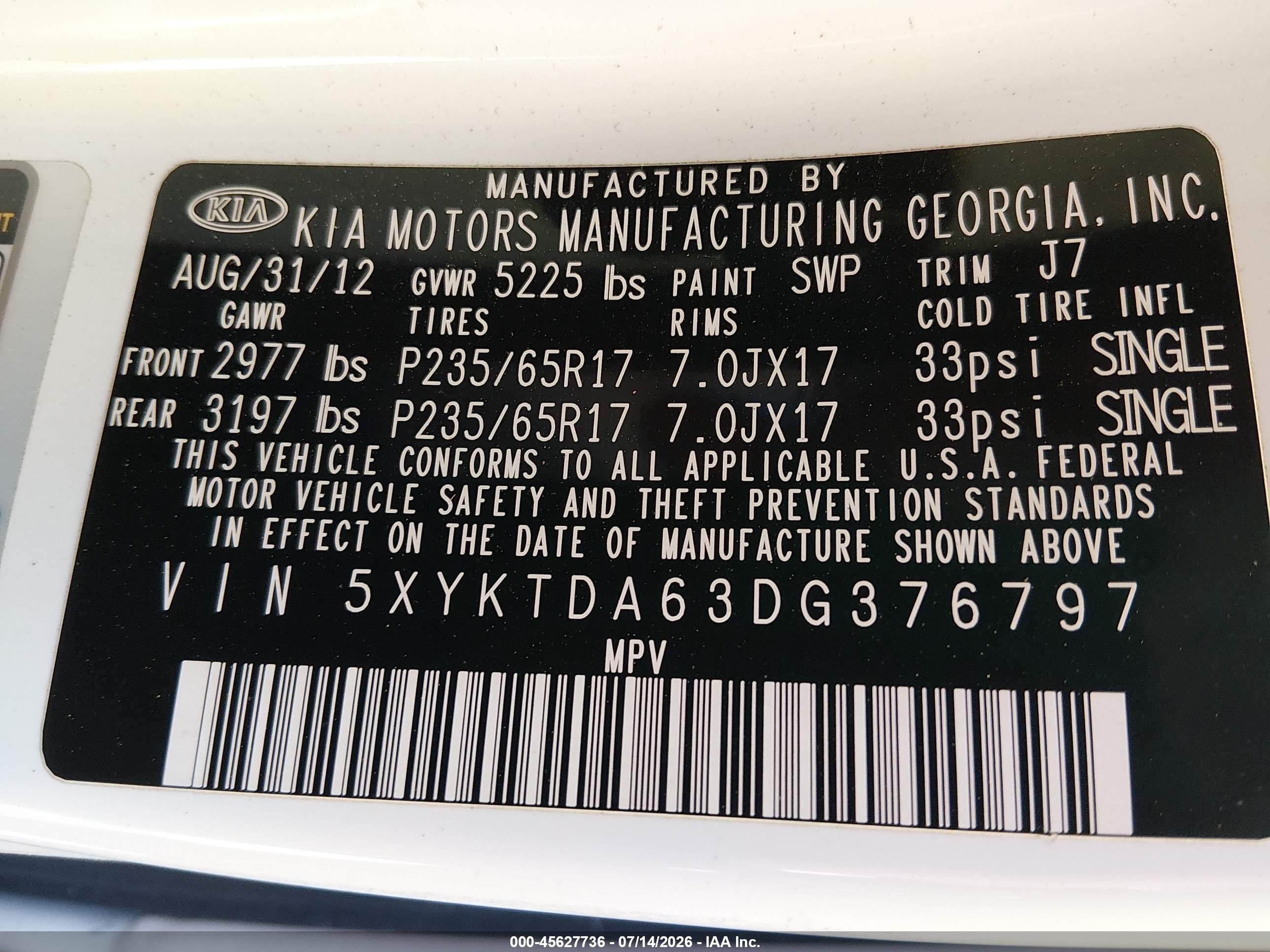 2013 Kia Sorento Lx Белый vin: 5XYKTDA63DG376797