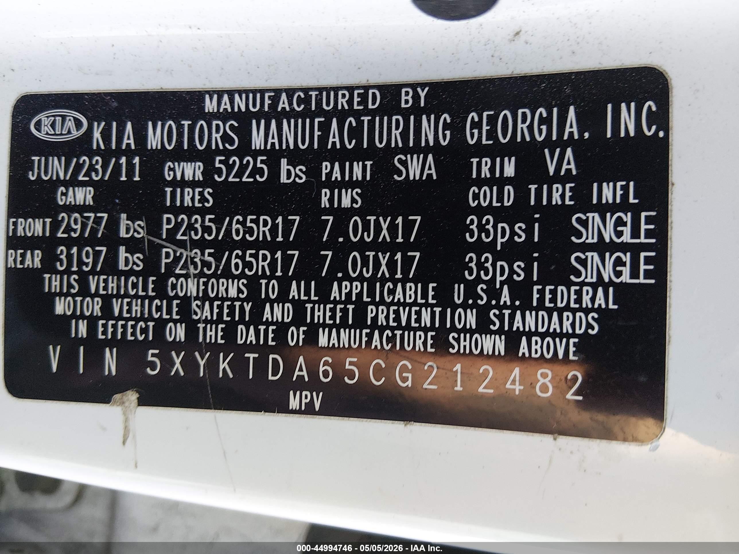 2012 Kia Sorento Lx White vin: 5XYKTDA65CG212482