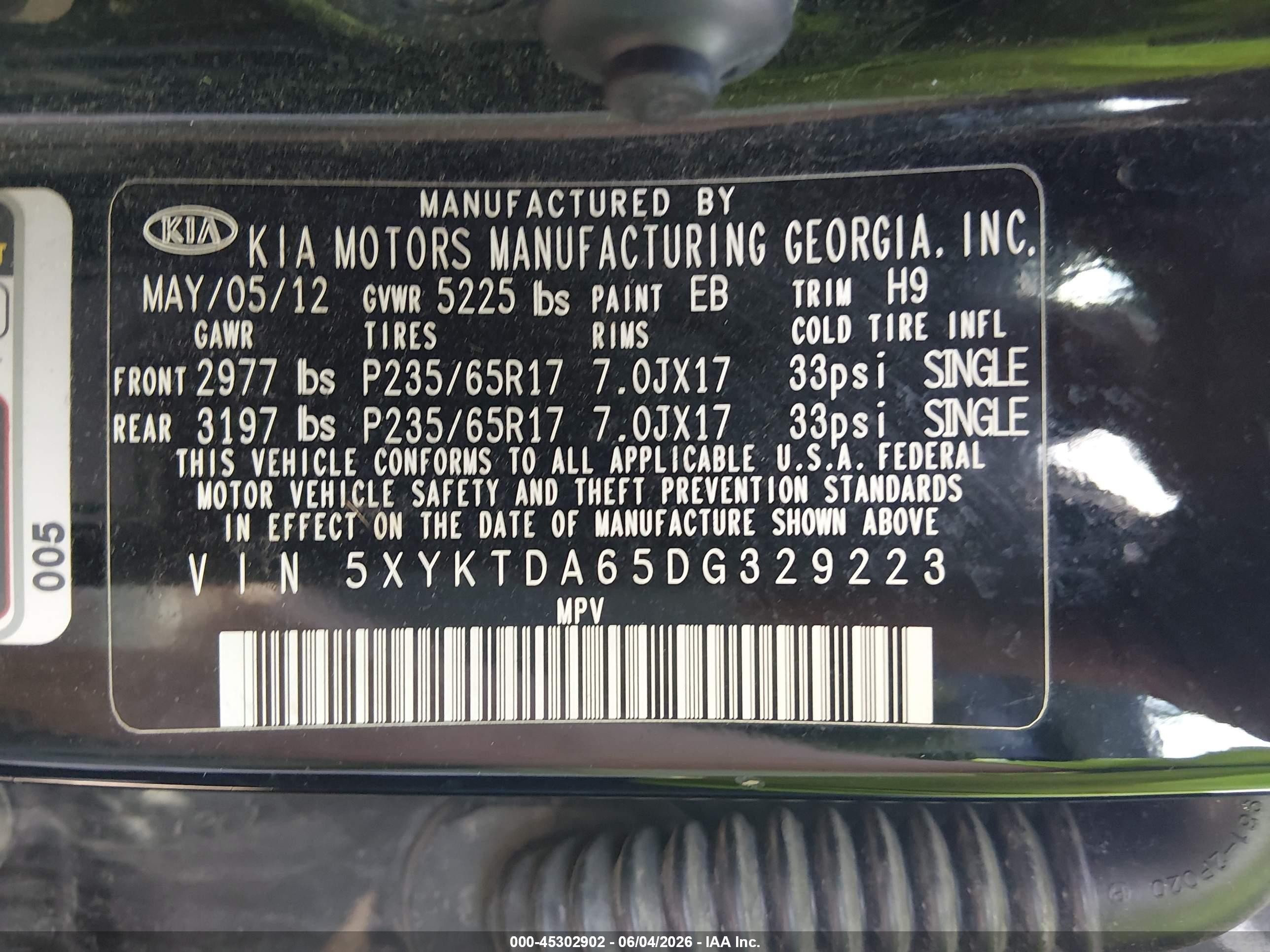 2013 Kia Sorento Lx Black vin: 5XYKTDA65DG329223