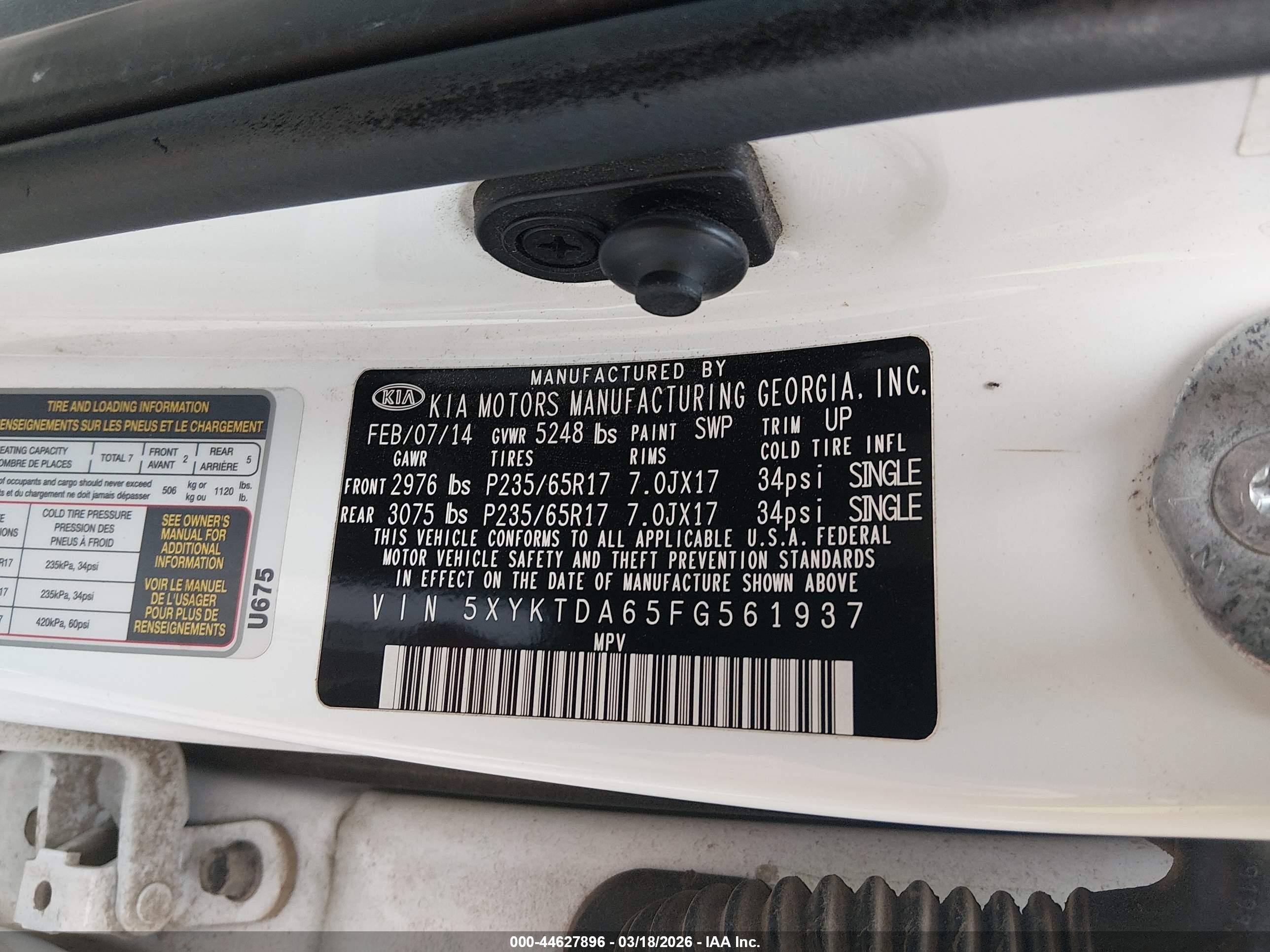 2015 Kia Sorento Lx White vin: 5XYKTDA65FG561937