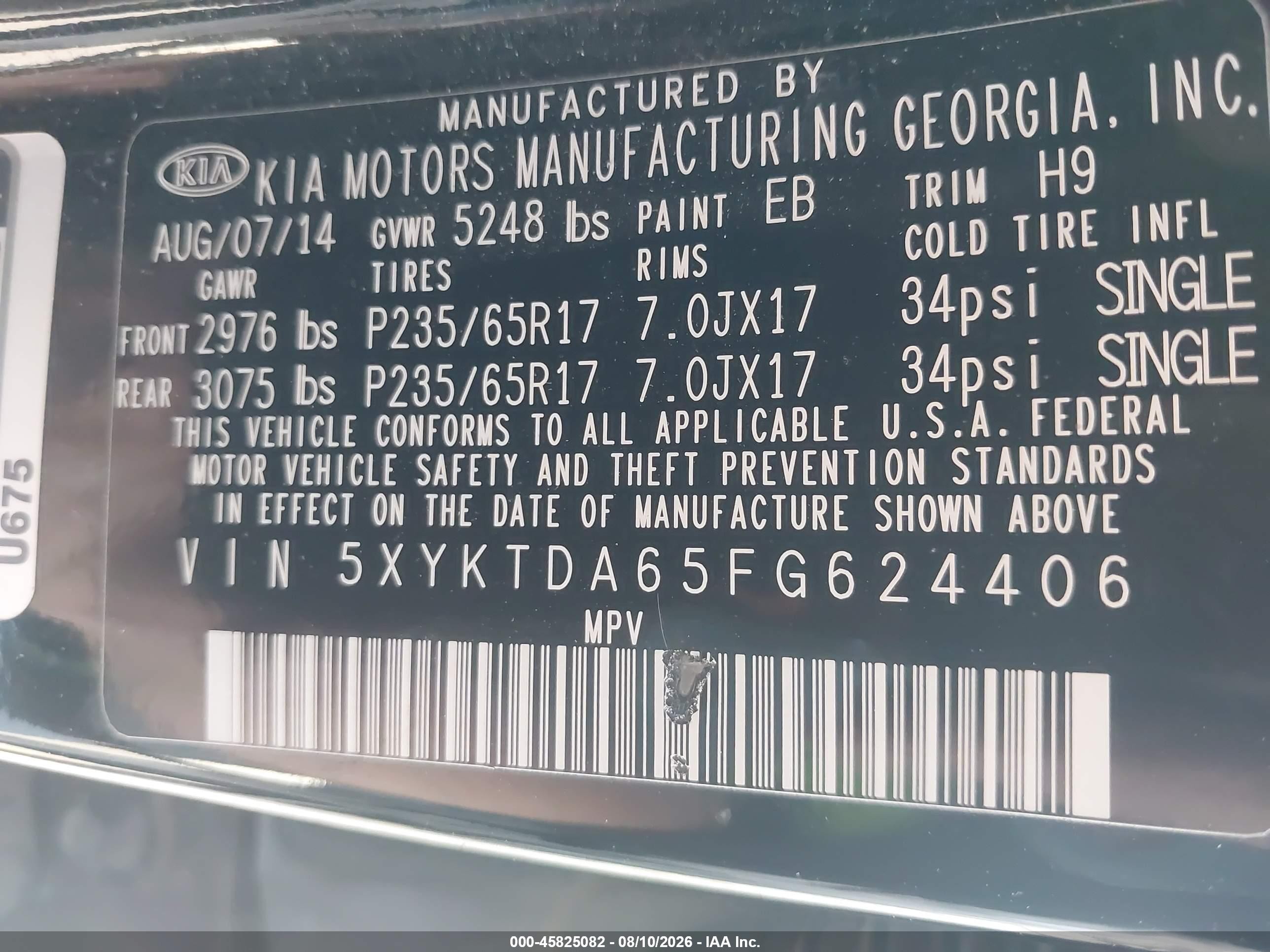 2015 Kia Sorento Lx Черный vin: 5XYKTDA65FG624406