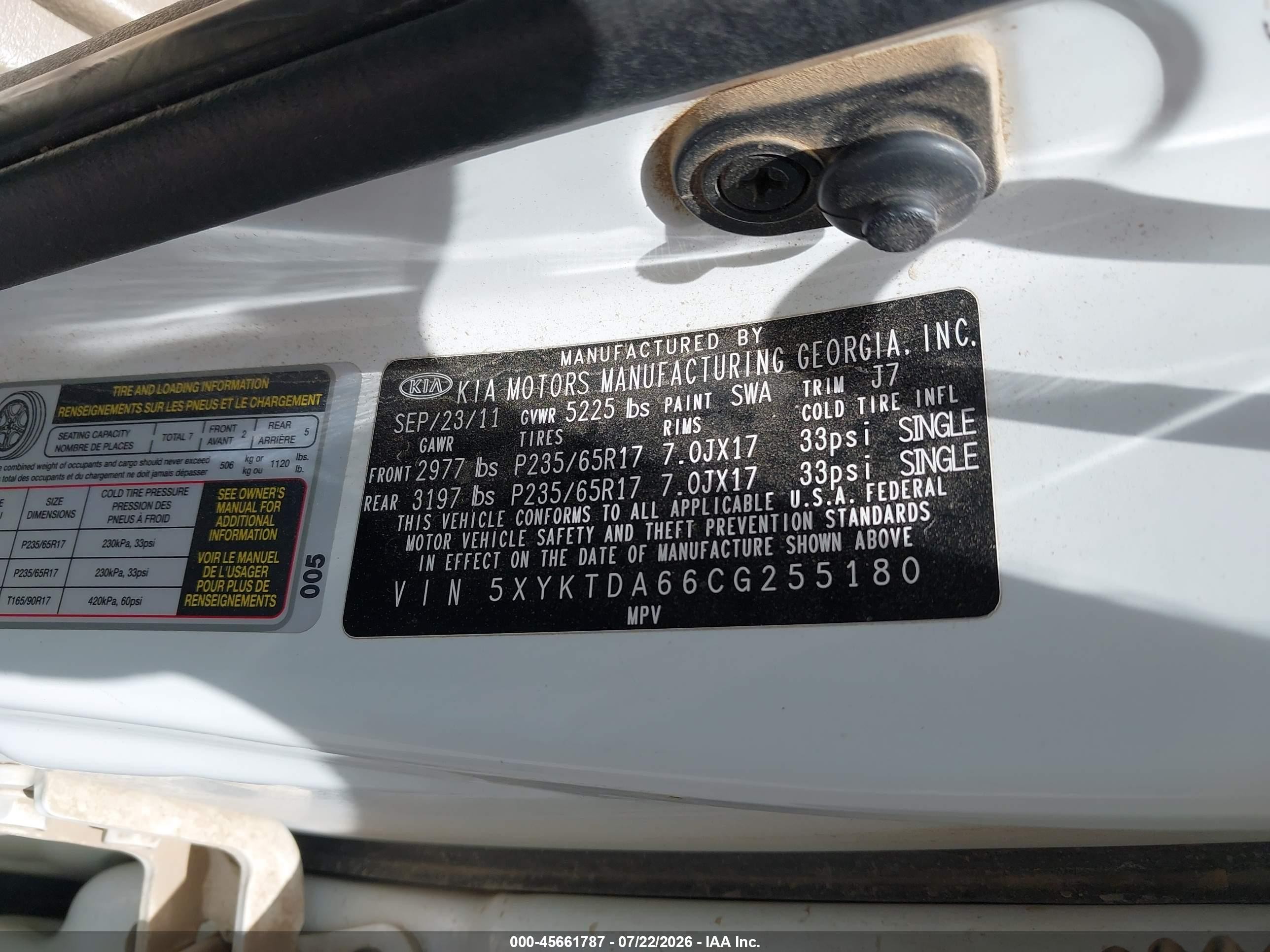 2012 Kia Sorento Lx White vin: 5XYKTDA66CG255180