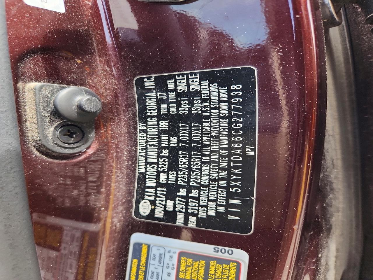 2012 Kia Sorento Lx Burgundy vin: 5XYKTDA66CG277938