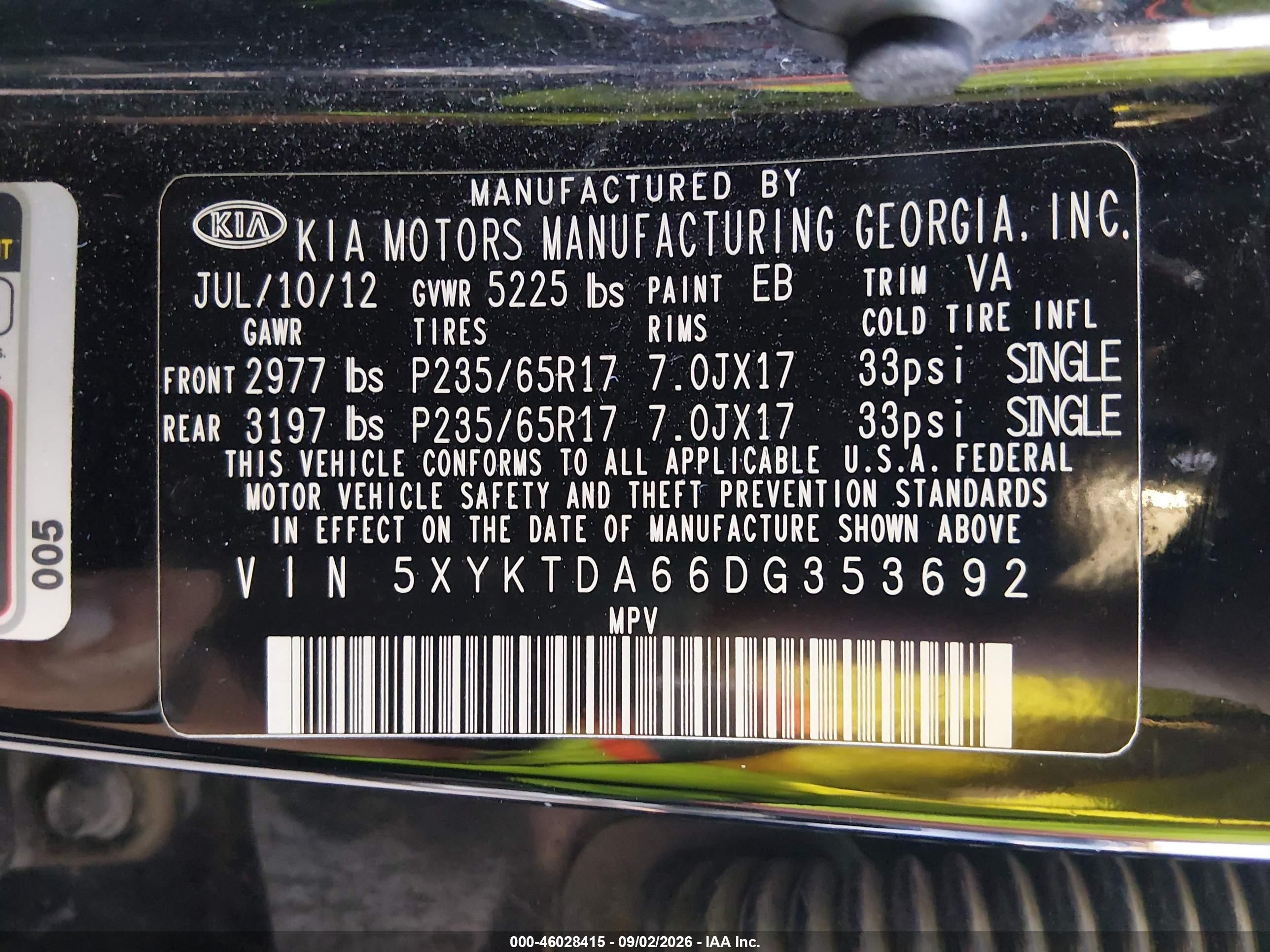 2013 Kia Sorento Lx Черный vin: 5XYKTDA66DG353692