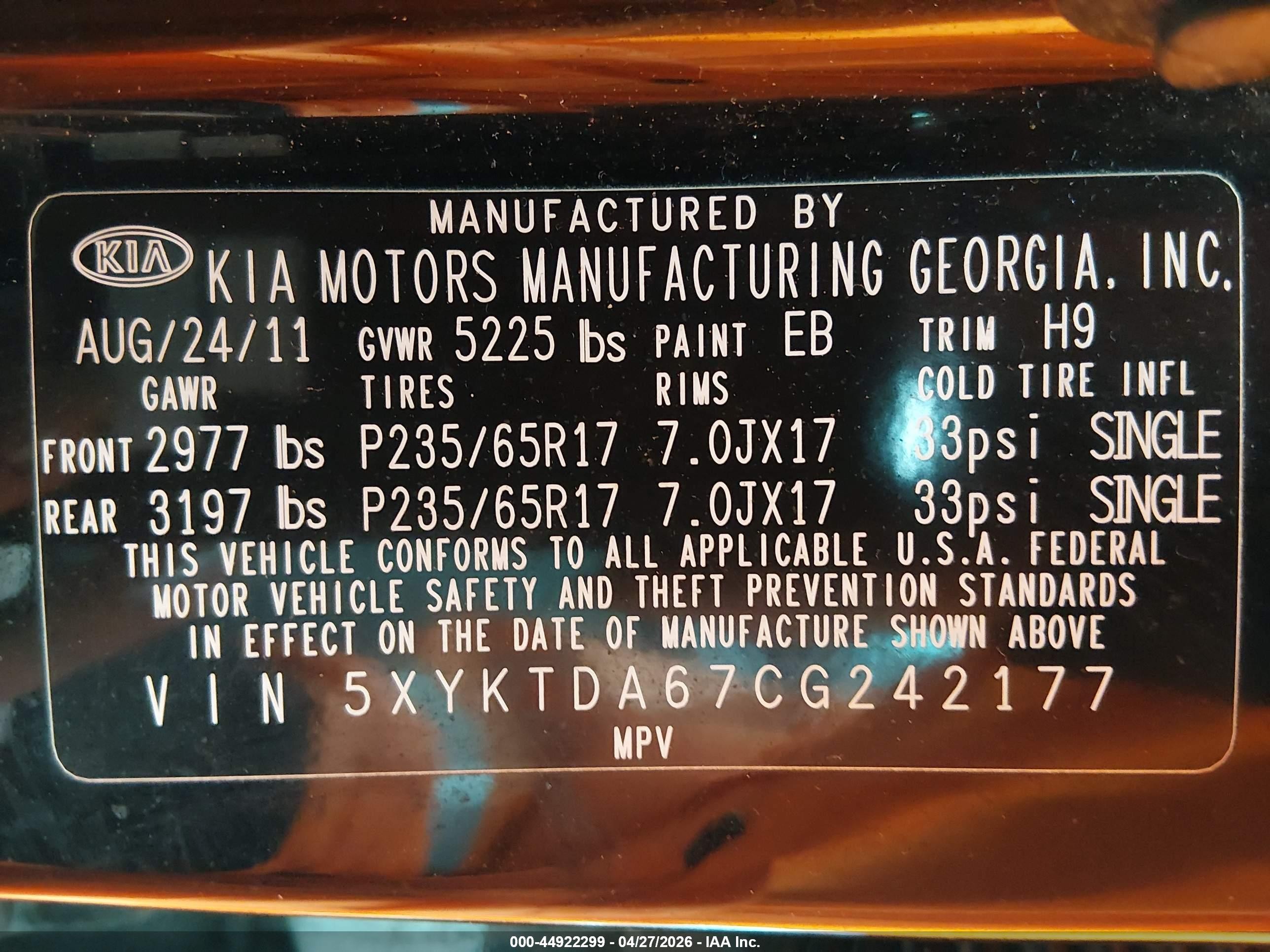 2012 Kia Sorento Lx Black vin: 5XYKTDA67CG242177
