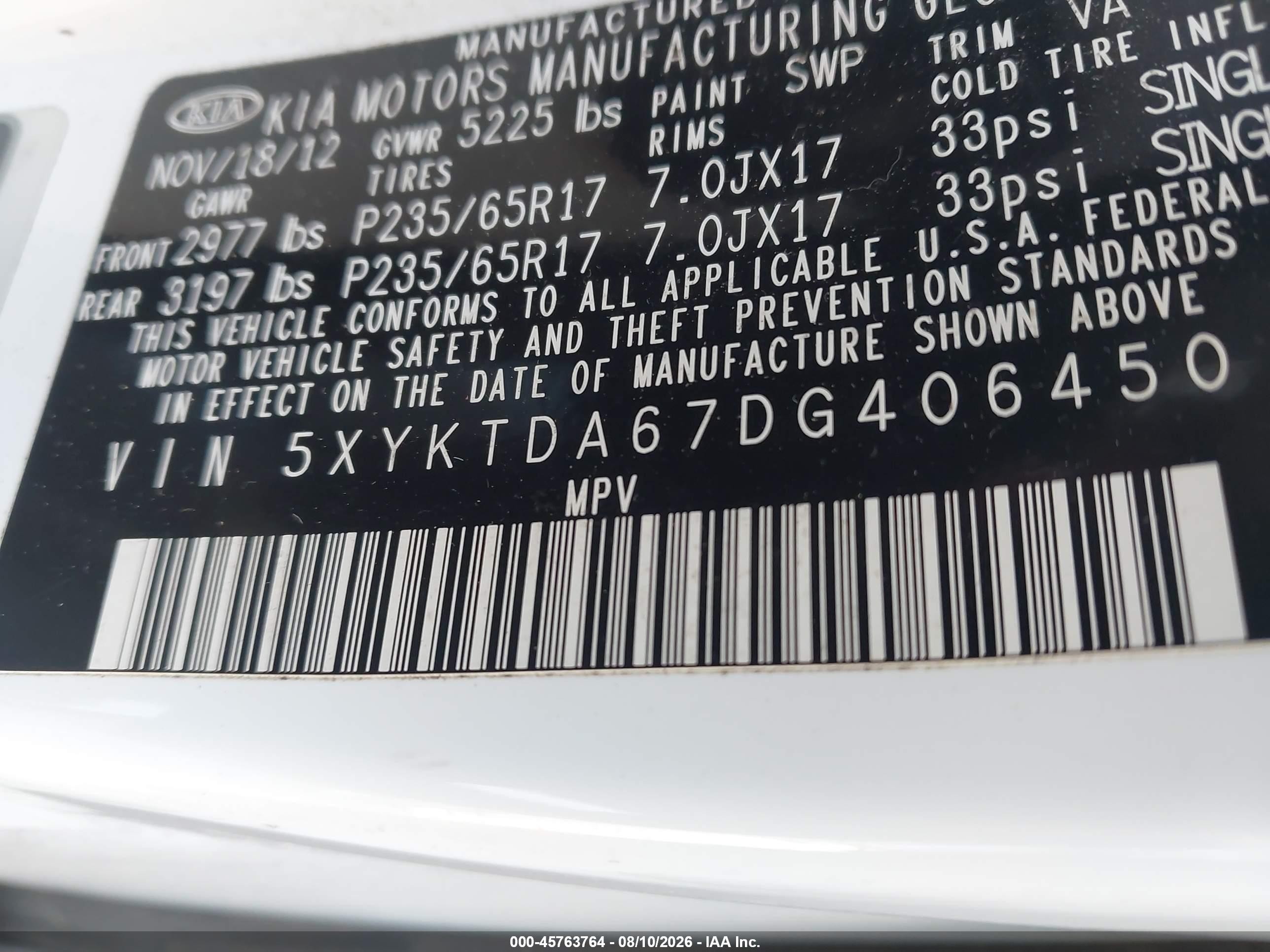 2013 Kia Sorento Lx Белый vin: 5XYKTDA67DG406450