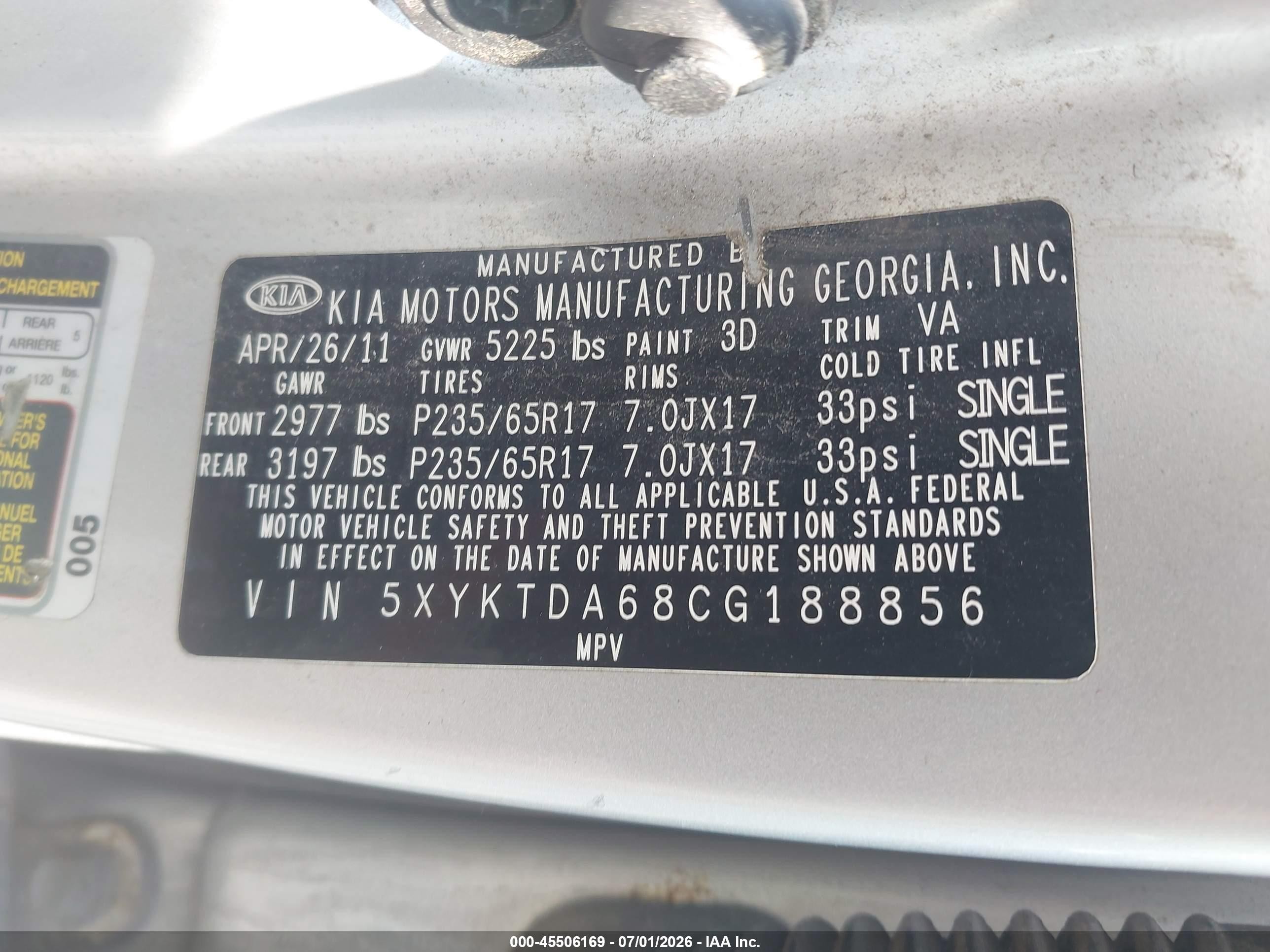2012 Kia Sorento Lx Silver vin: 5XYKTDA68CG188856
