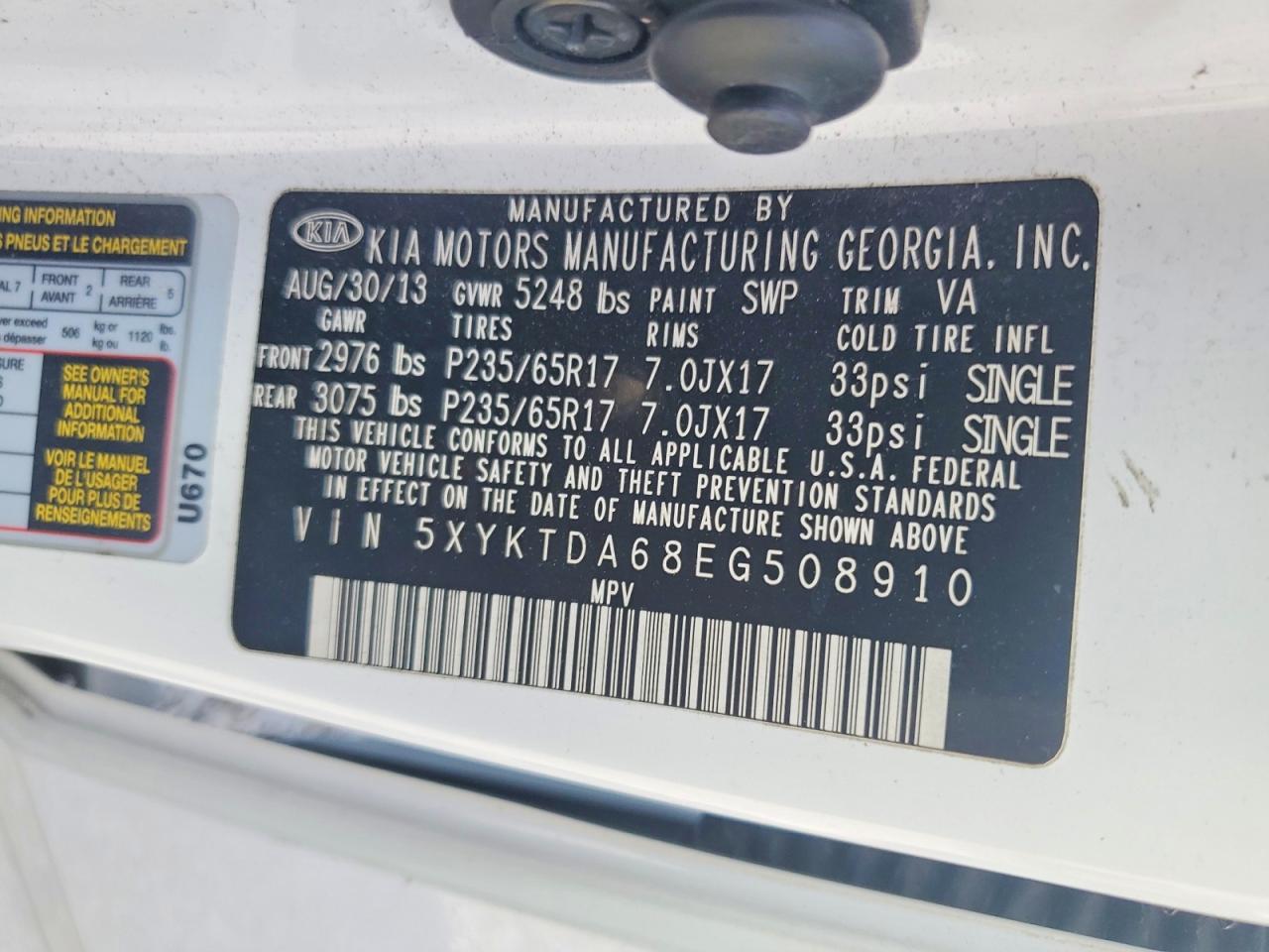 2014 Kia Sorento Lx White vin: 5XYKTDA68EG508910