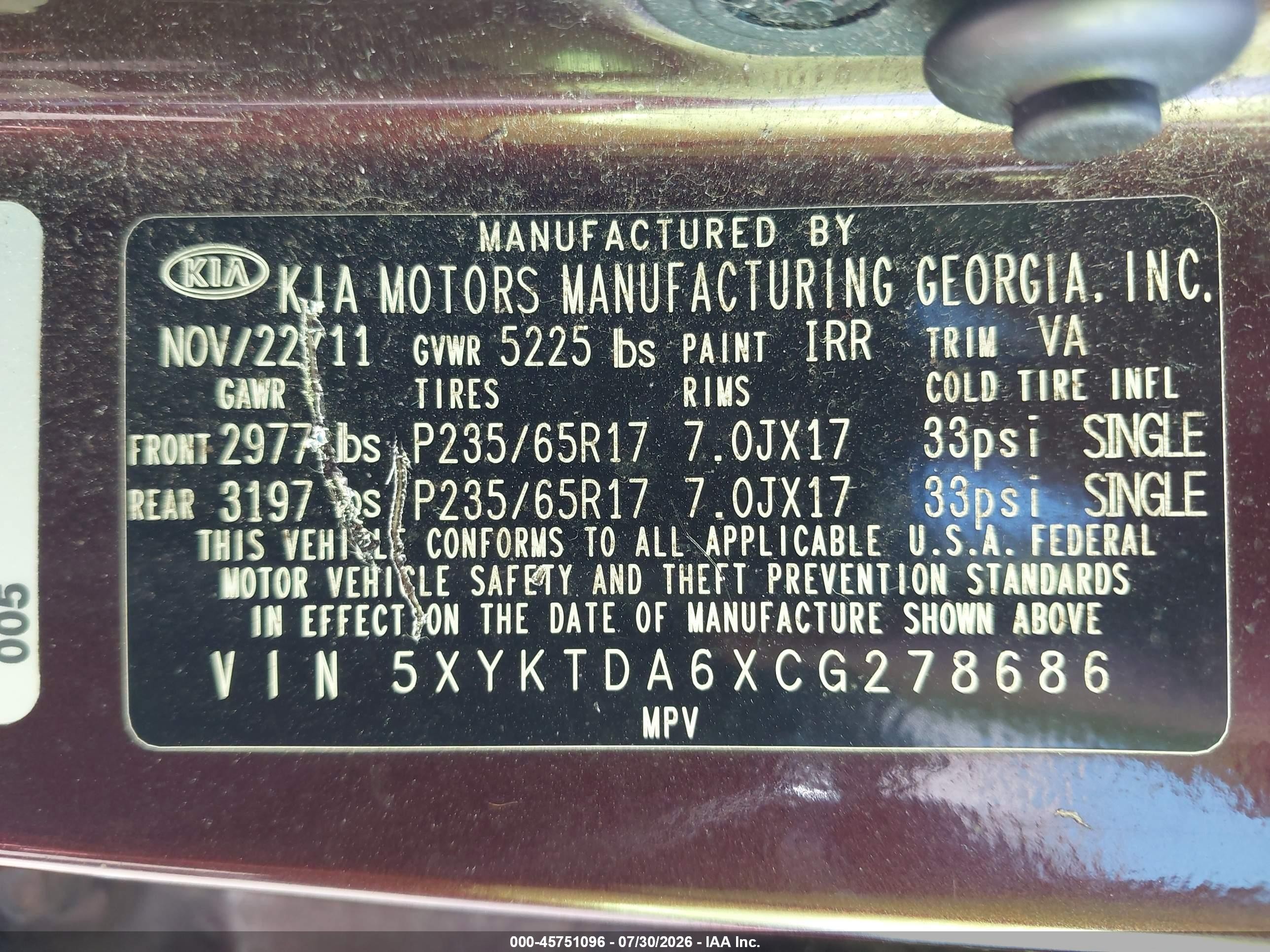 2012 Kia Sorento Lx Maroon vin: 5XYKTDA6XCG278686