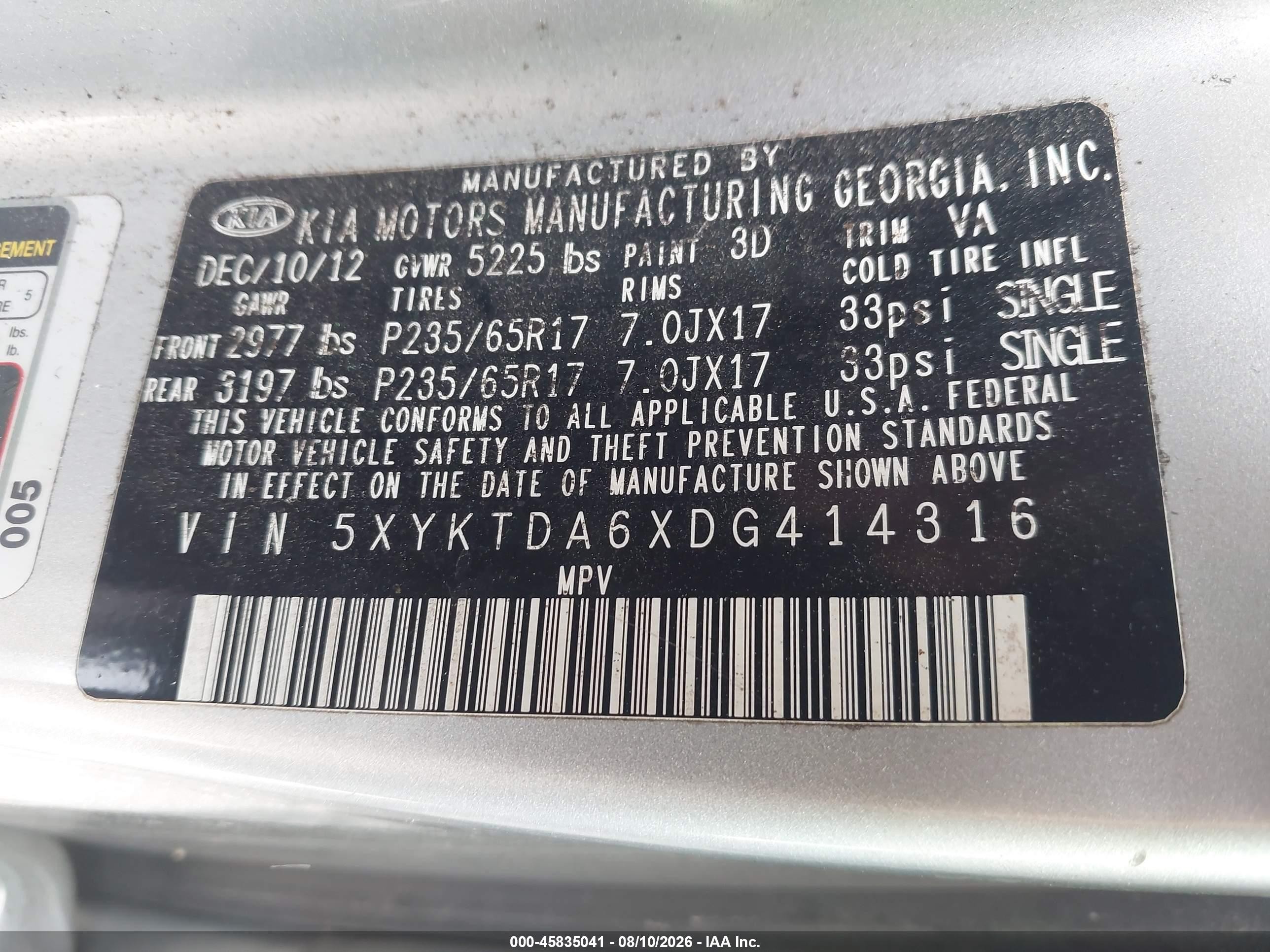 2013 Kia Sorento Lx Silver vin: 5XYKTDA6XDG414316