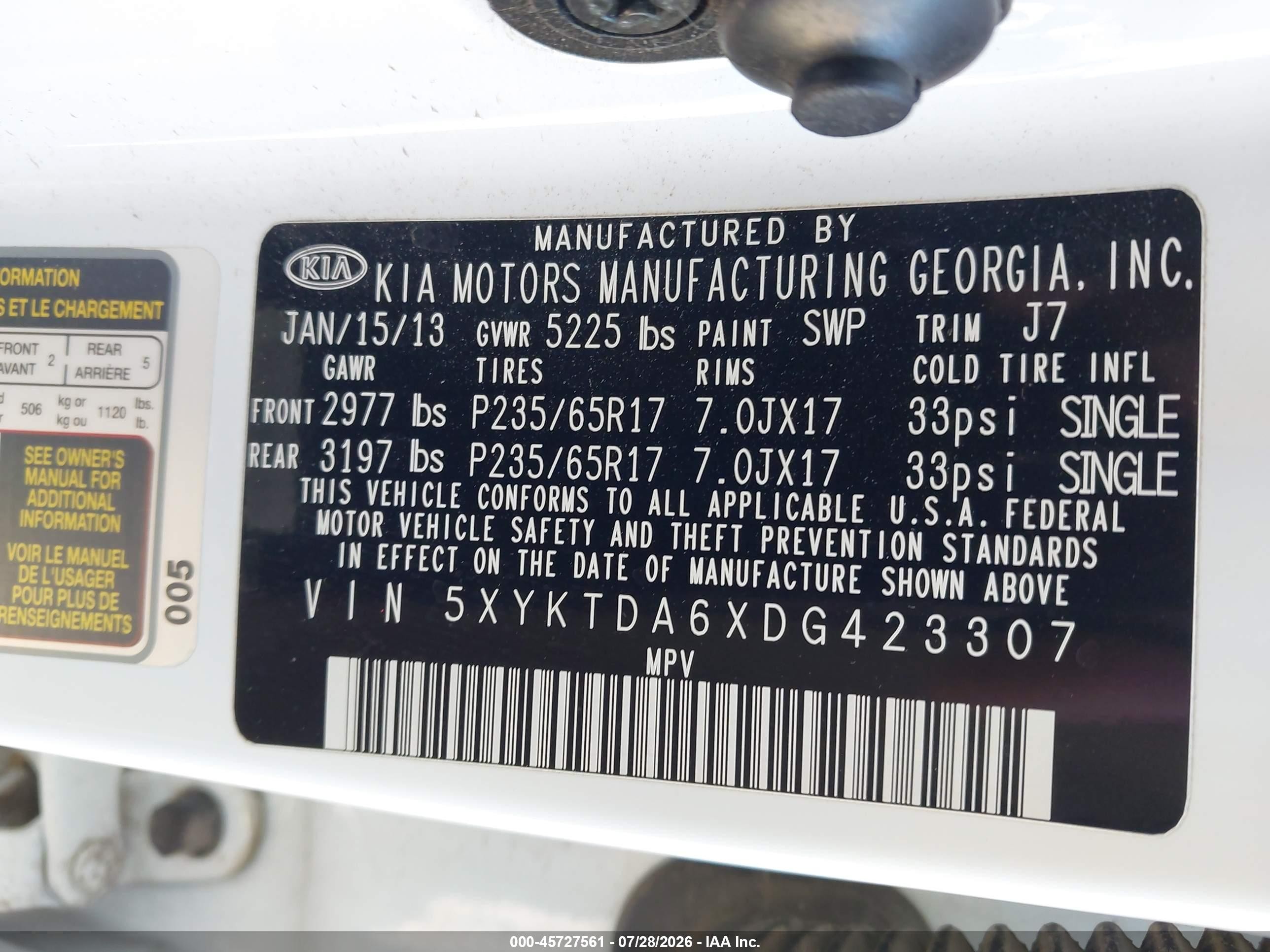 2013 Kia Sorento Lx White vin: 5XYKTDA6XDG423307