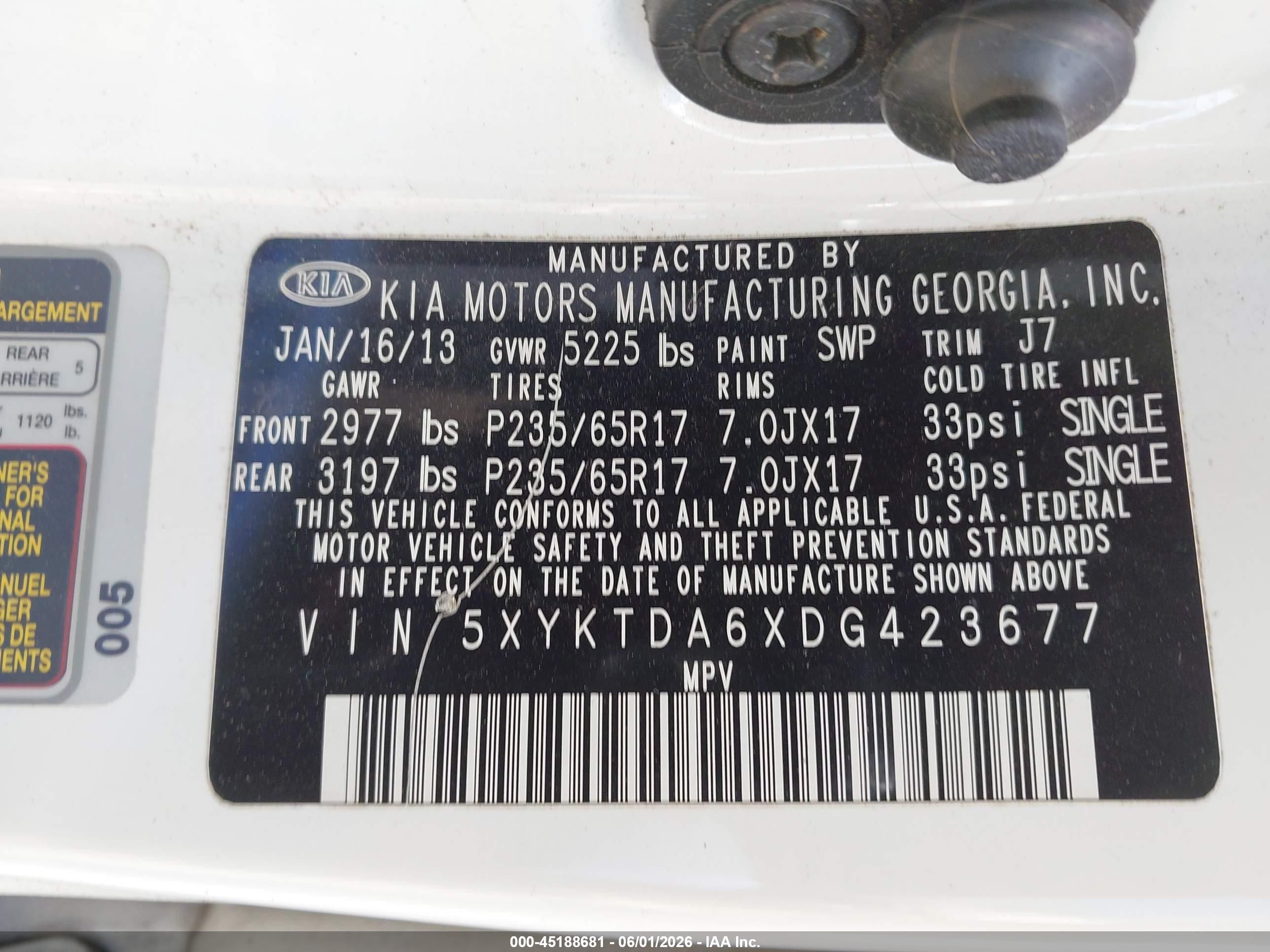 2013 Kia Sorento Lx White vin: 5XYKTDA6XDG423677