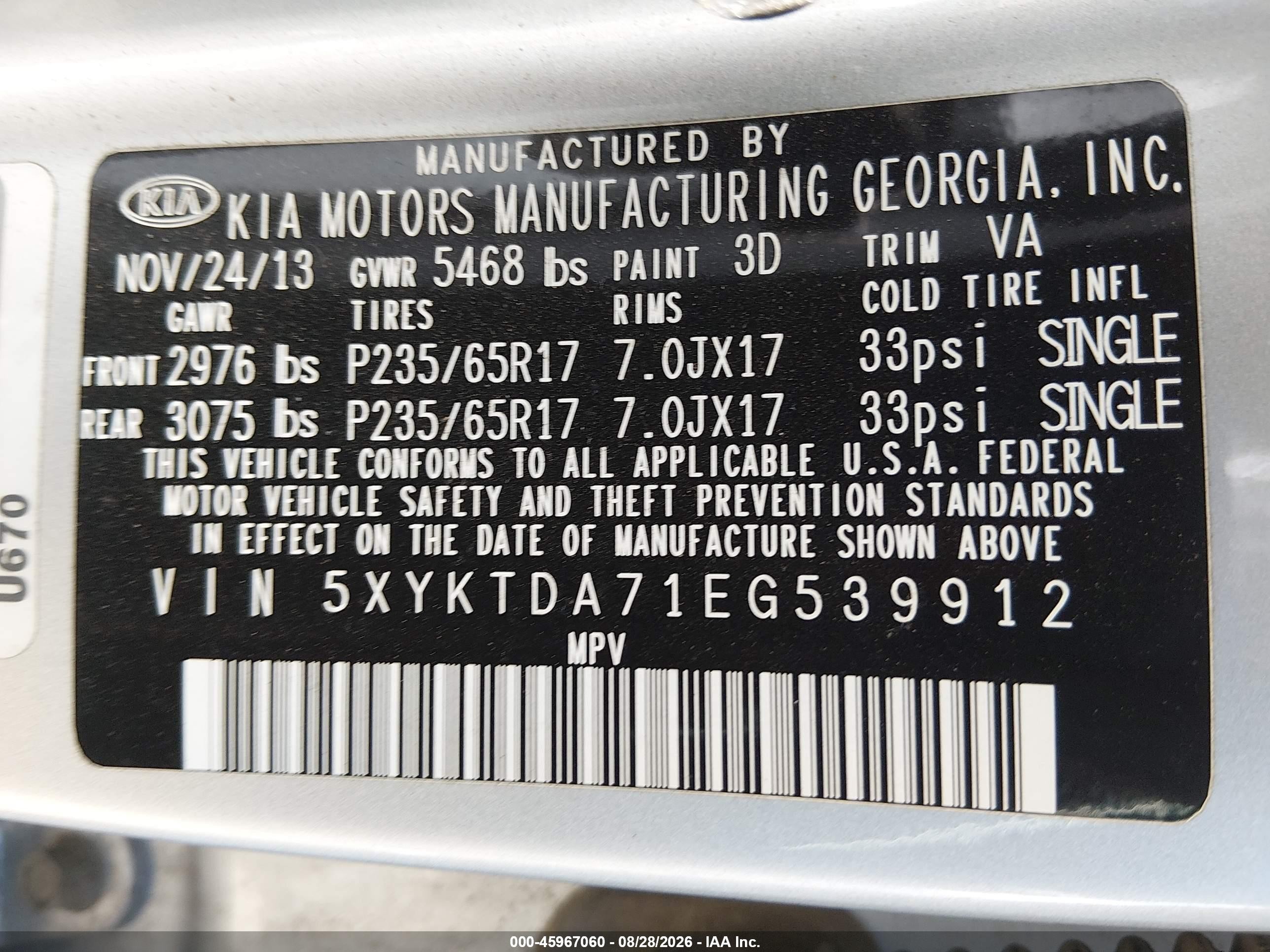 2014 Kia Sorento Lx V6 Silver vin: 5XYKTDA71EG539912