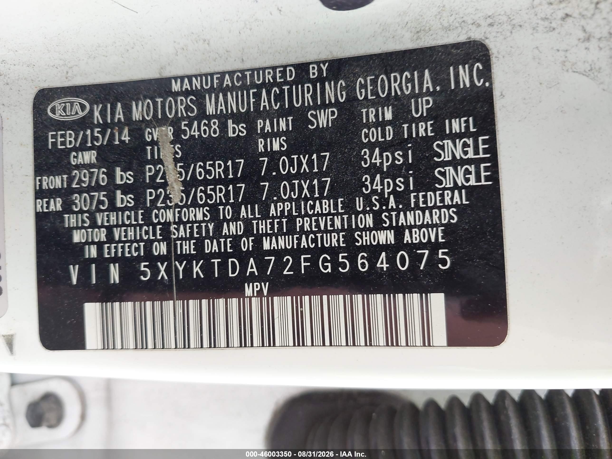 2015 Kia Sorento Lx V6 White vin: 5XYKTDA72FG564075