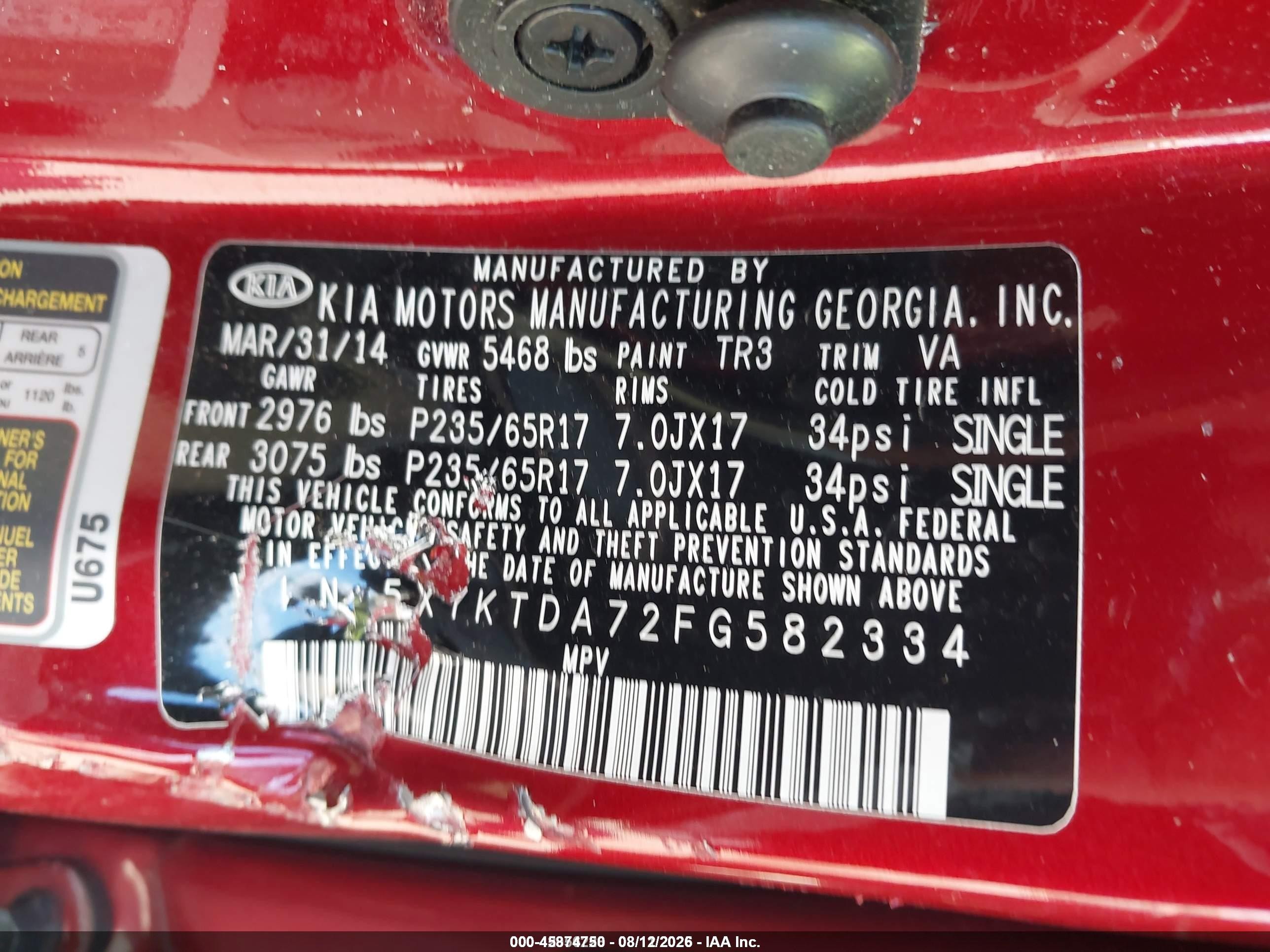2015 Kia Sorento Lx V6 Red vin: 5XYKTDA72FG582334