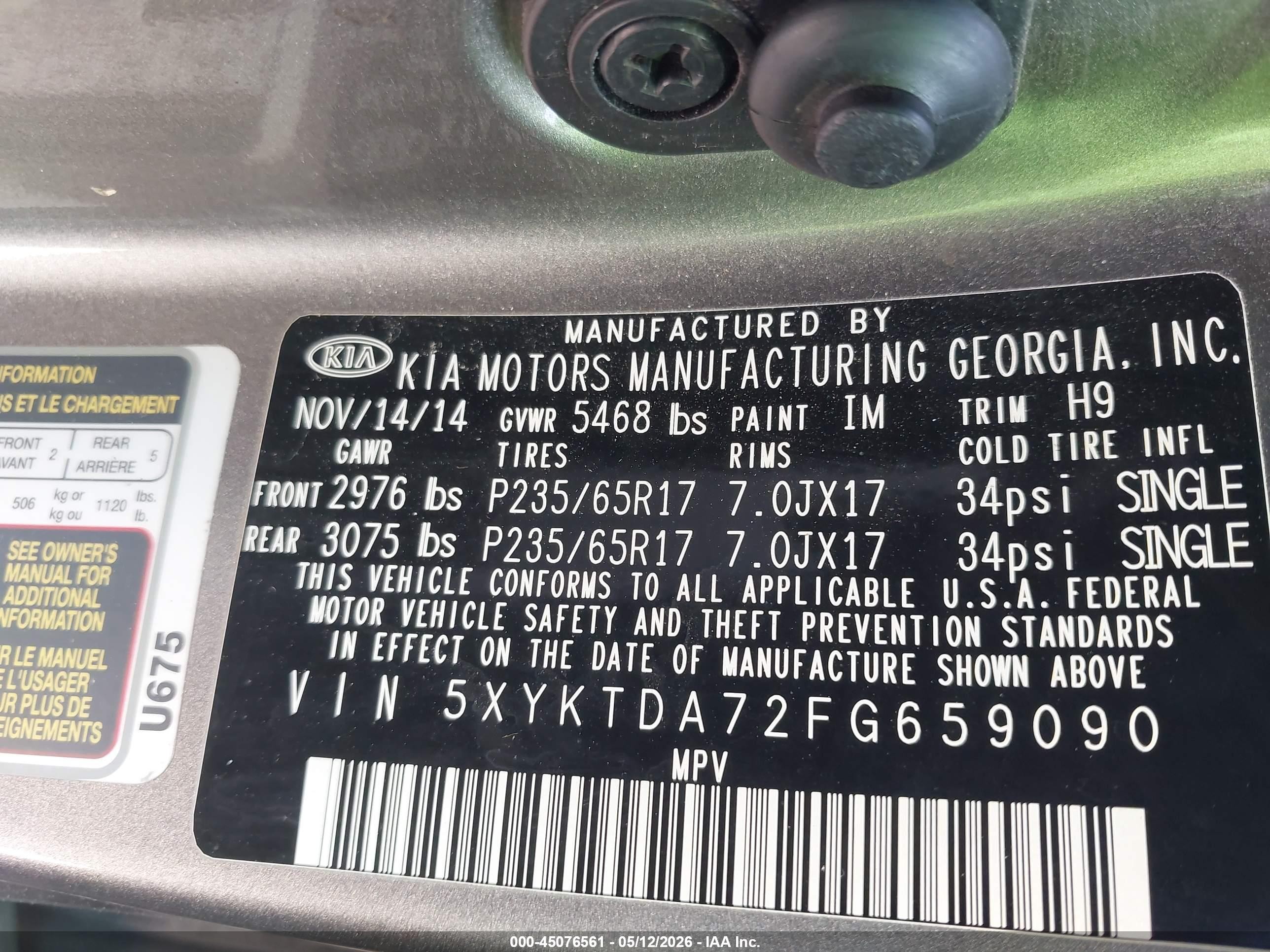 2015 Kia Sorento Lx V6 Gray vin: 5XYKTDA72FG659090